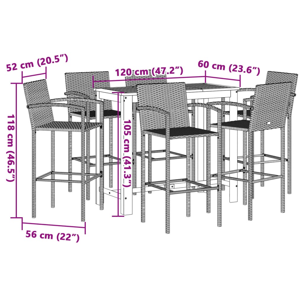 7 Piece Garden Bar Set Brown Solid Wood Acacia and Poly Rattan