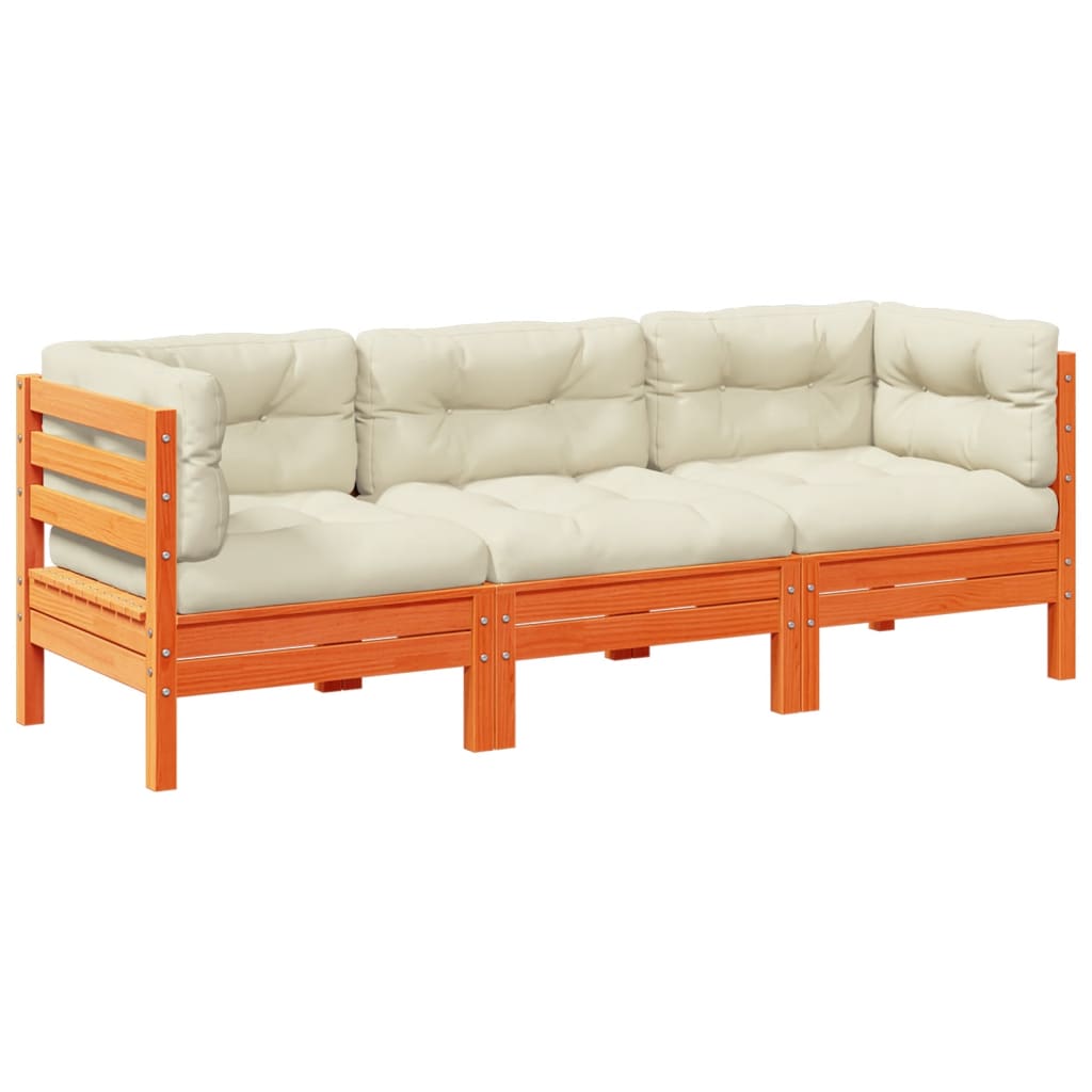 Brown colour - 3 Piece Garden Sofa Set with Cushions Wax Brown Solid Wood Pine
