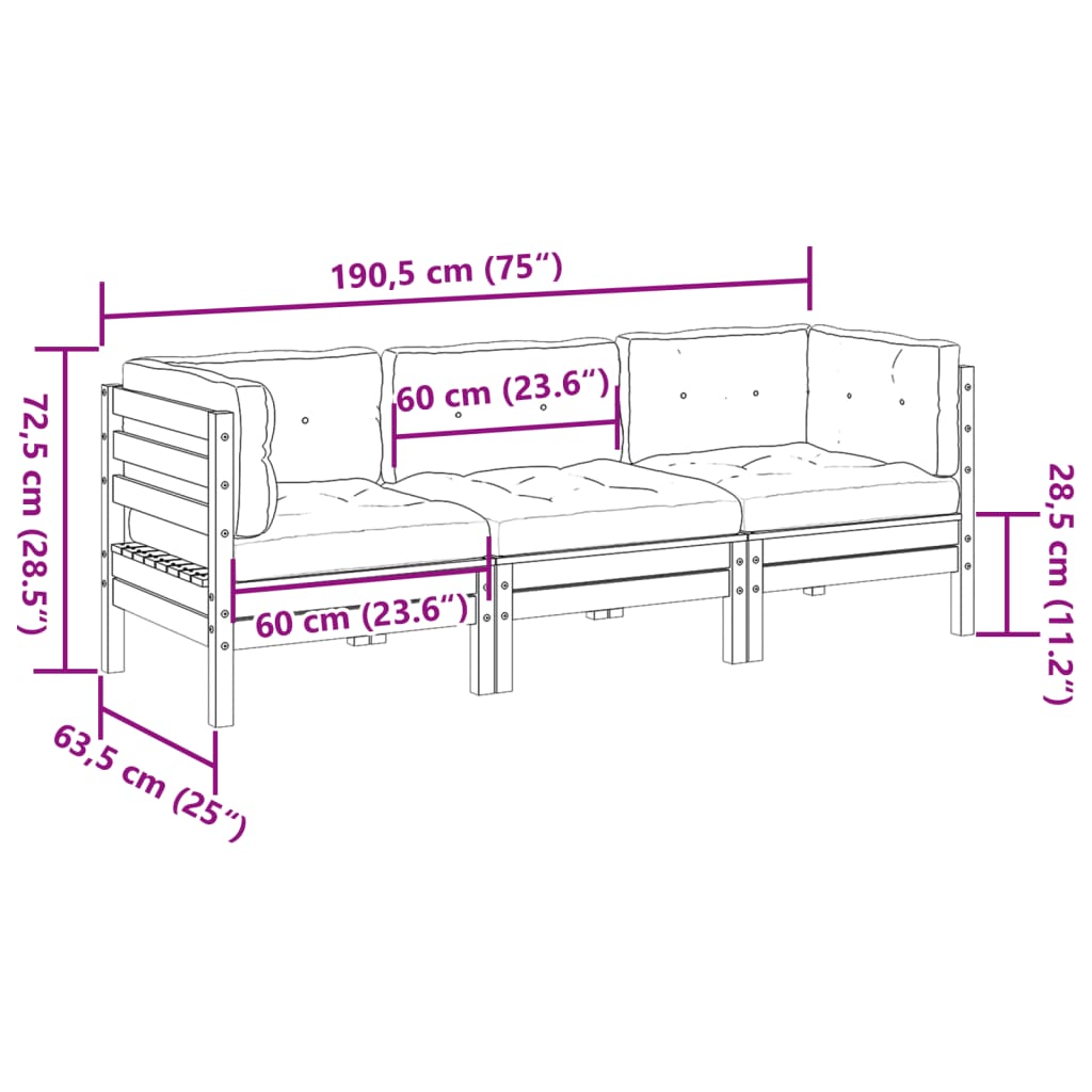 3 Piece Garden Sofa Set with Cushions Wax Brown Solid Wood Pine, Wood finish