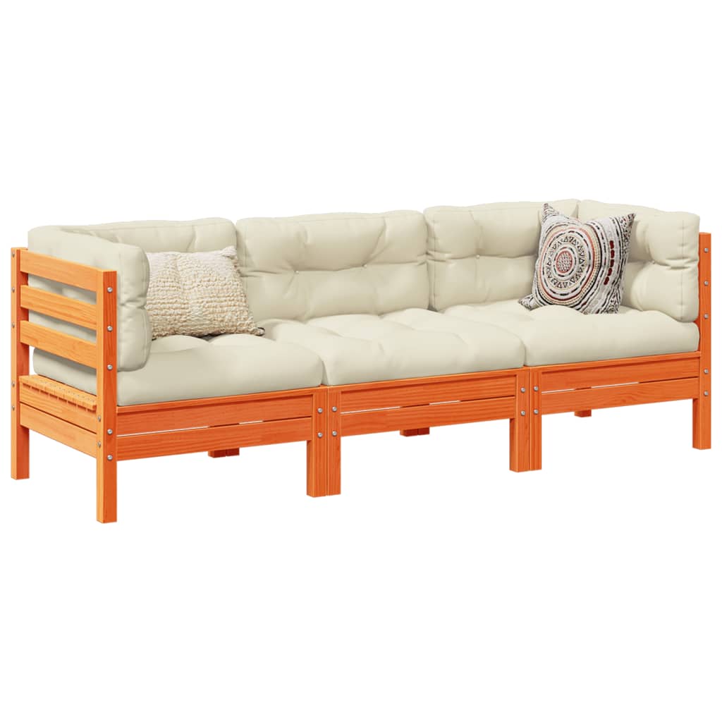 3 Piece Garden Sofa Set with Cushions Wax Brown Solid Wood Pine | Wood finish