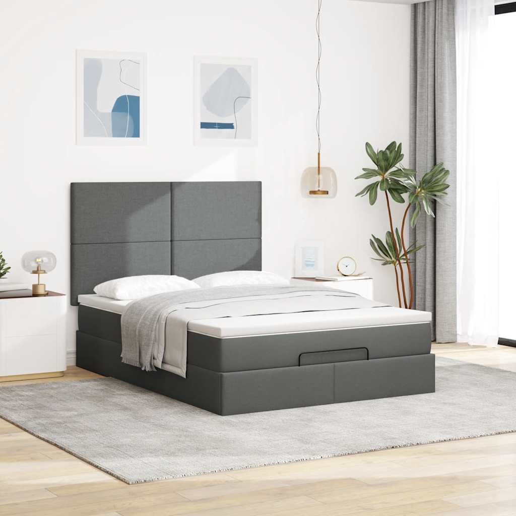 Ottoman Bed with Mattress & LEDs Dark Grey Queen- - Fabric