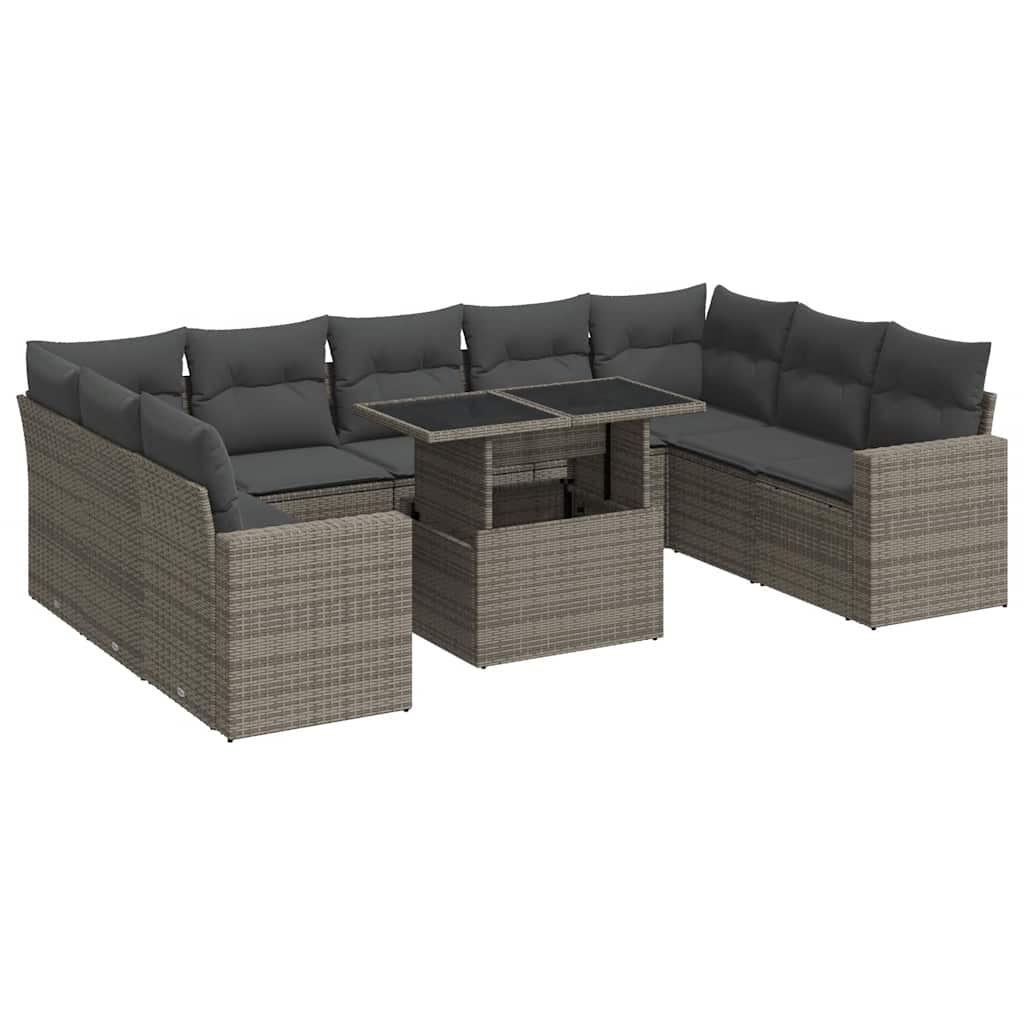 10 Piece Garden Sofa Set with Cushions Grey Poly Rattan - Outdoor Luxury