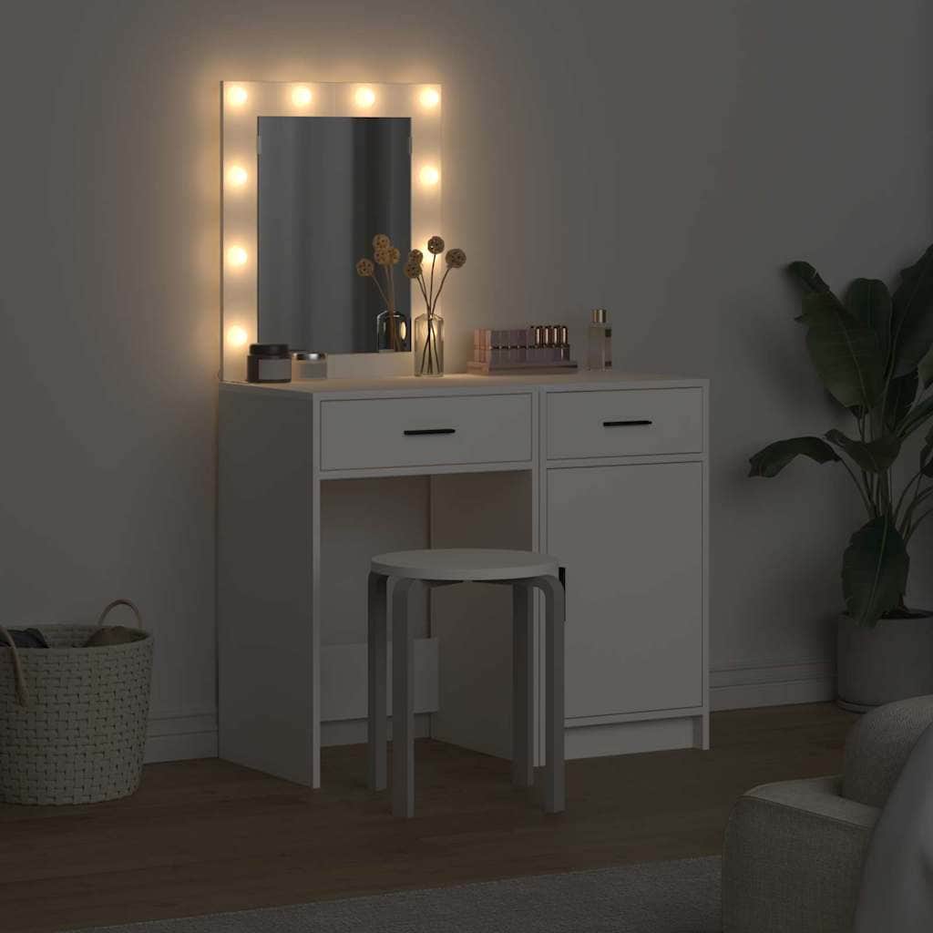 White Dressing Table Set 2 Piece LED Lights Drawer Engineered Wood Vanity Desk