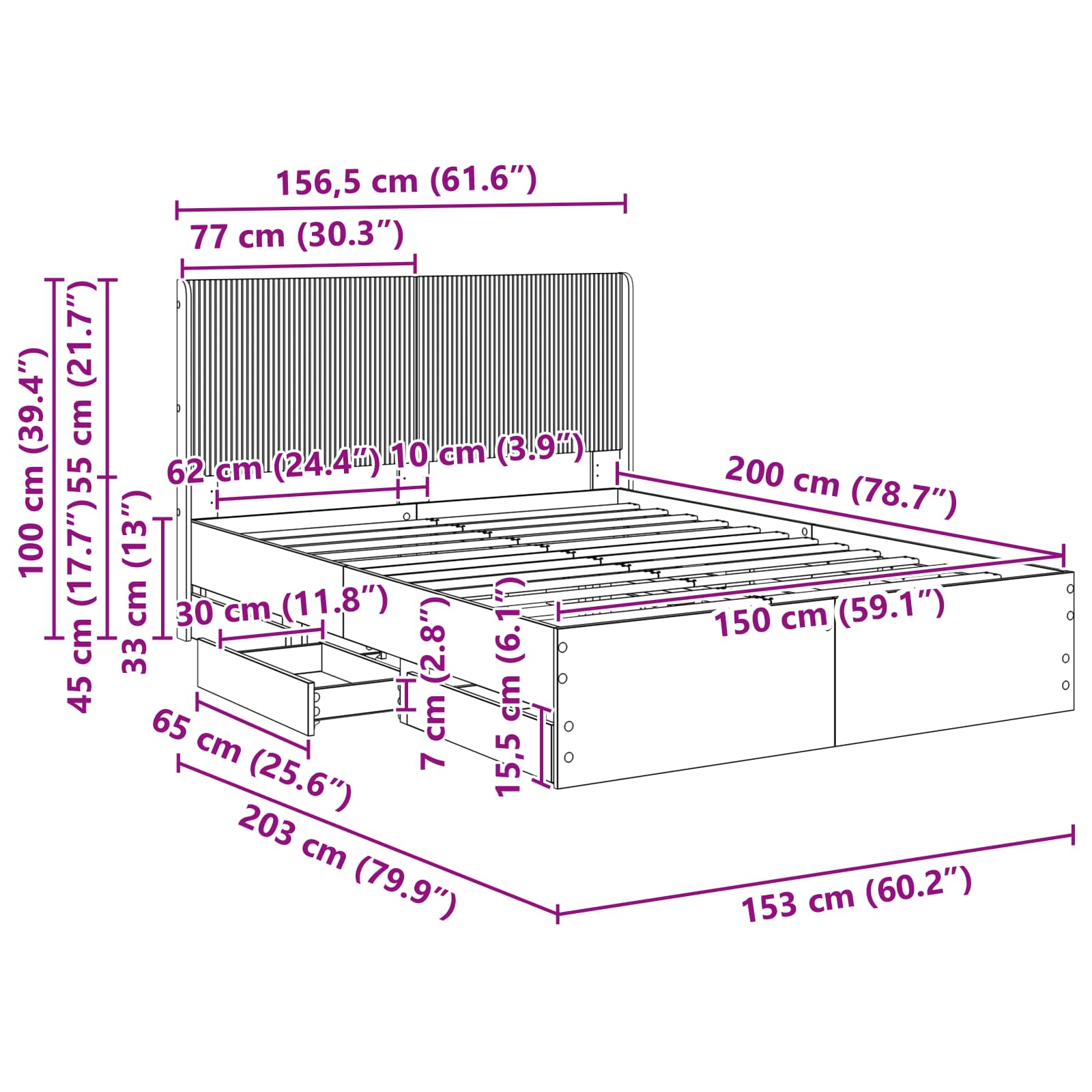 Bed Frame Storage Brown 156.5 cm x 203 cm x 100 cm
