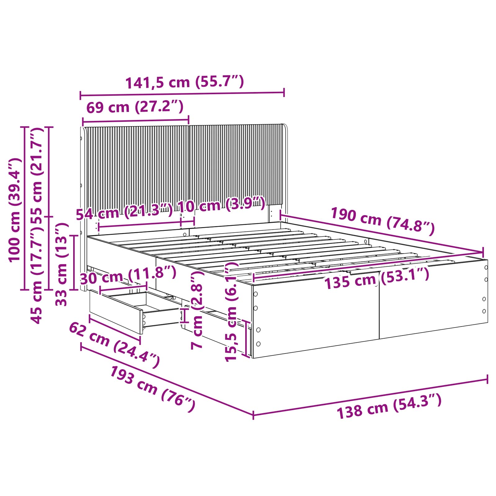 Bed Frame Storage Brown 141.5 cm x 193 cm x 100 cm