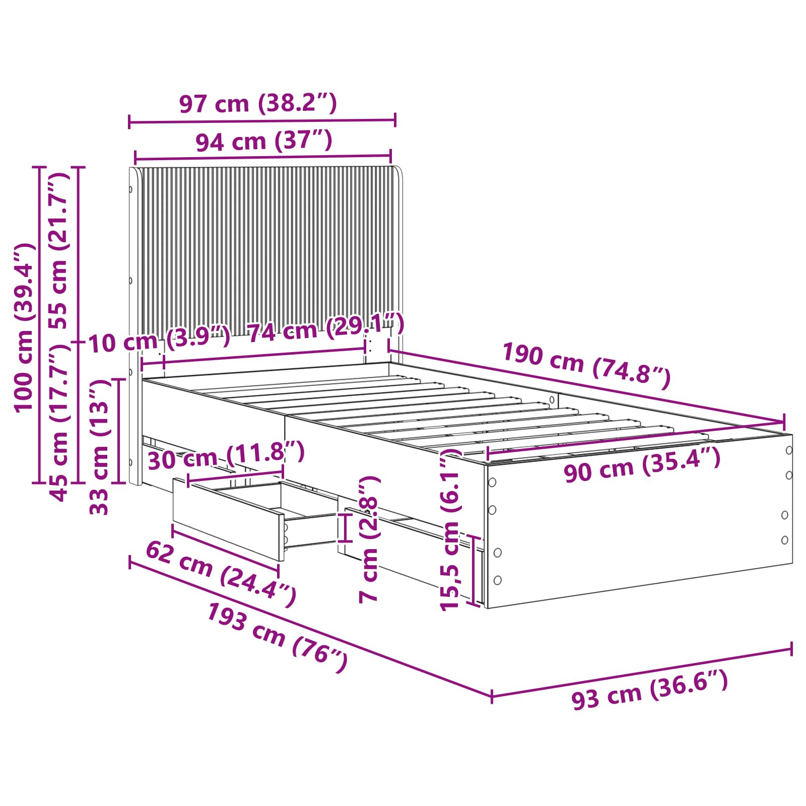 Bed Frame Storage Brown 97 cm x 193 cm x 100 cm