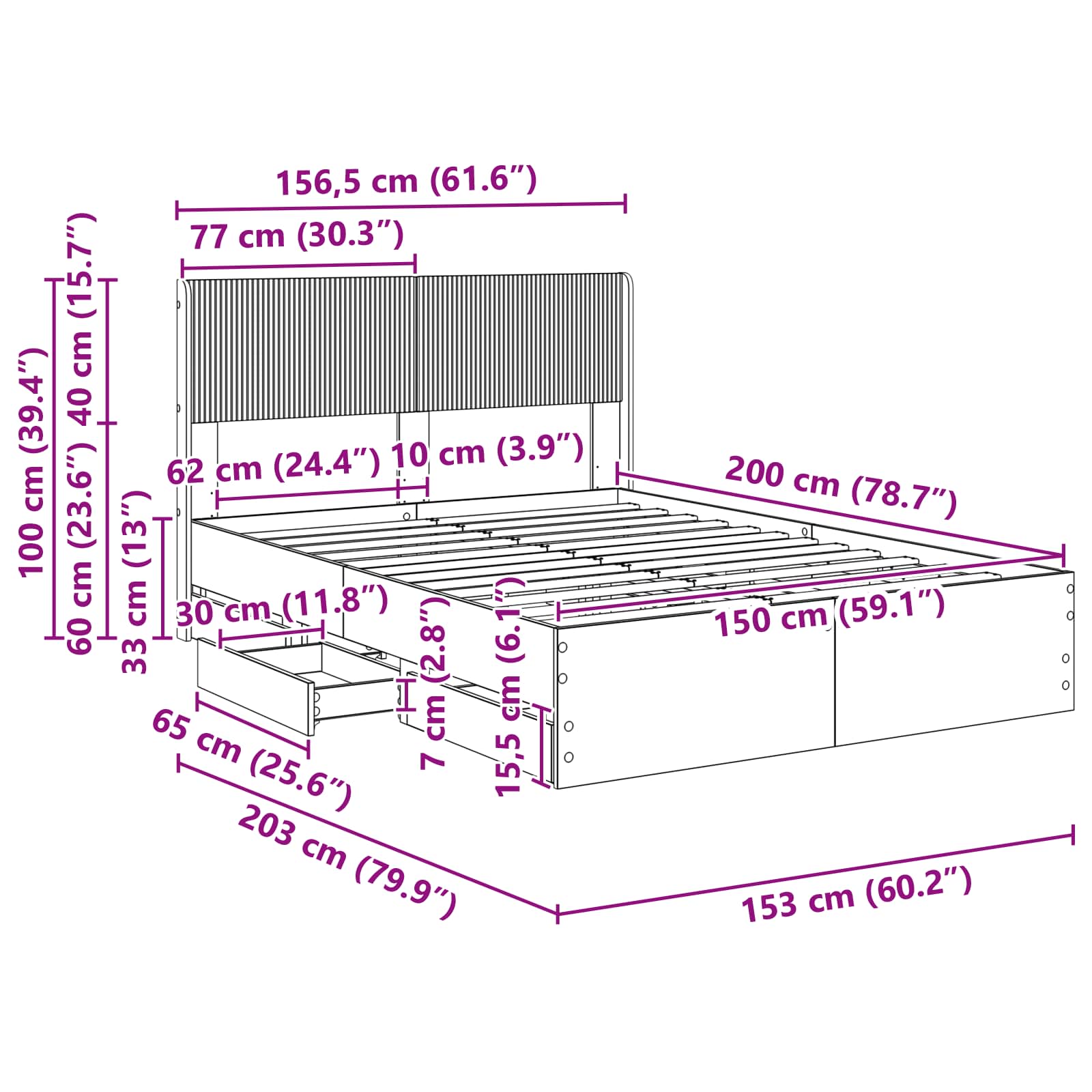 Storage Bed Frame Brown 156.5 cm x 203 cm x 100 cm