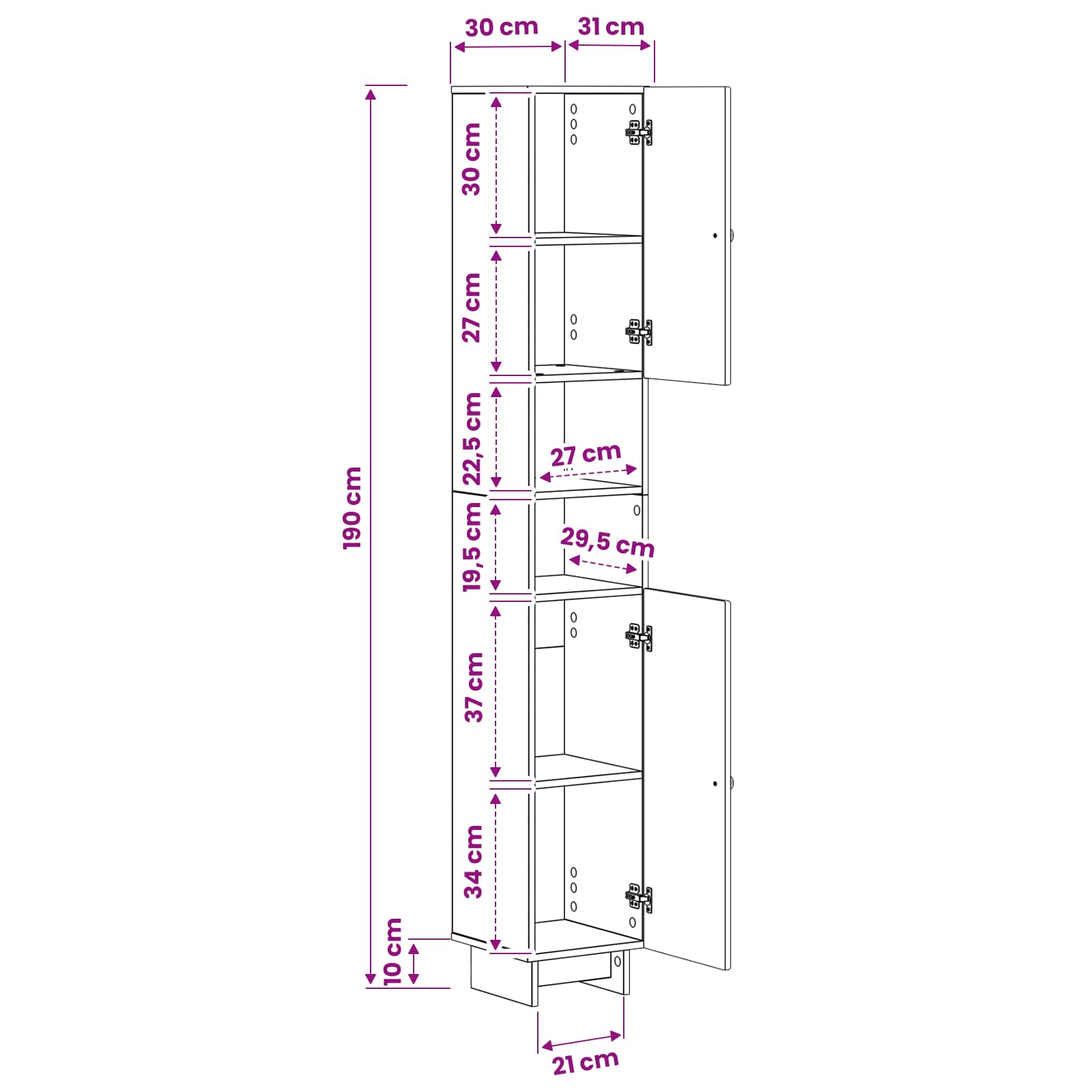 Bathroom Cabinet White Slimline 30x31x190cm