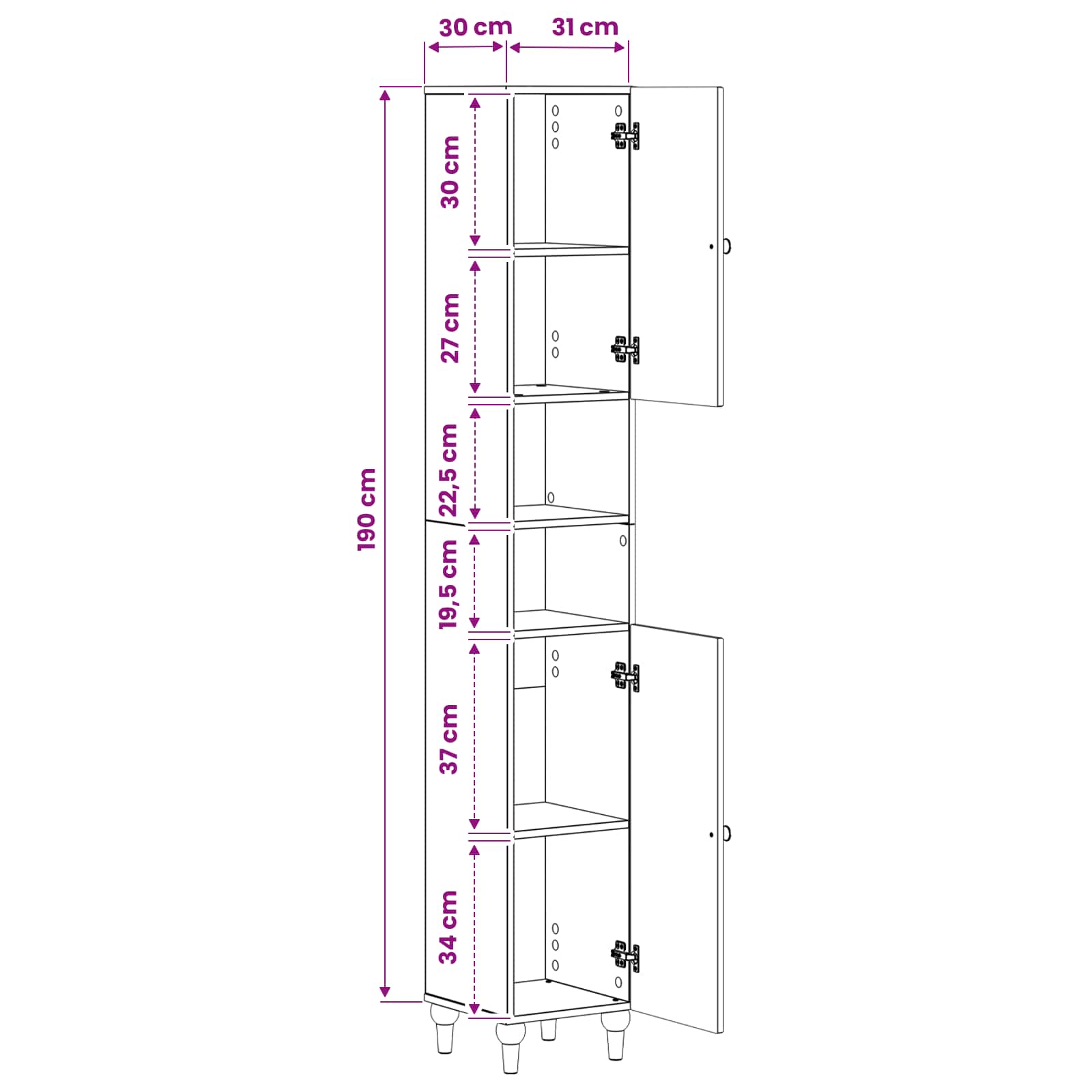 Bathroom Cabinet White Slimline 30 cm x 31 cm x 190 cm