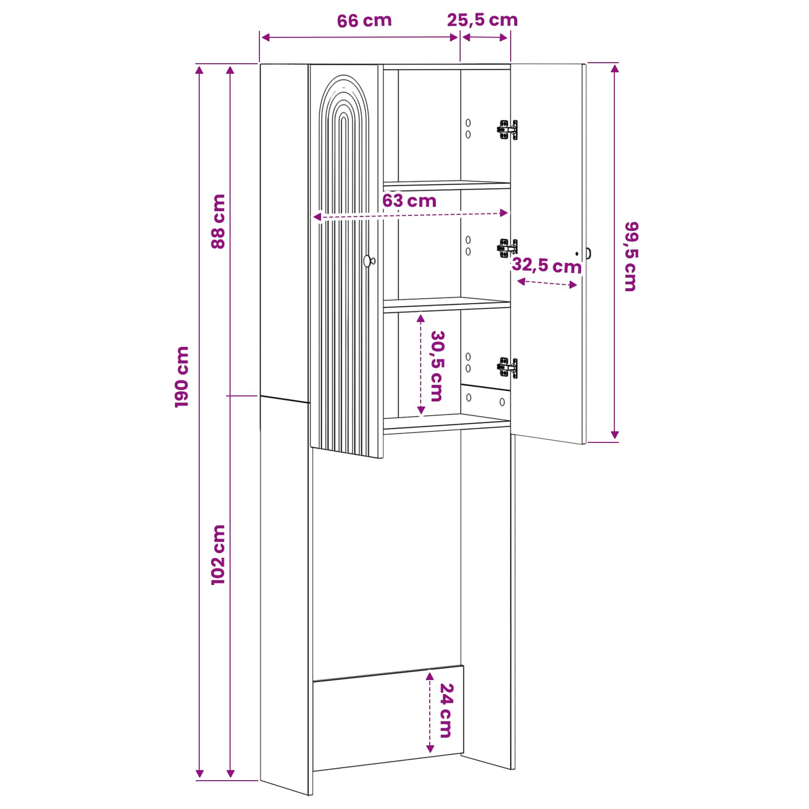 Bathroom Cabinet White Slimline 66 cm x 25.5 cm x 190 cm