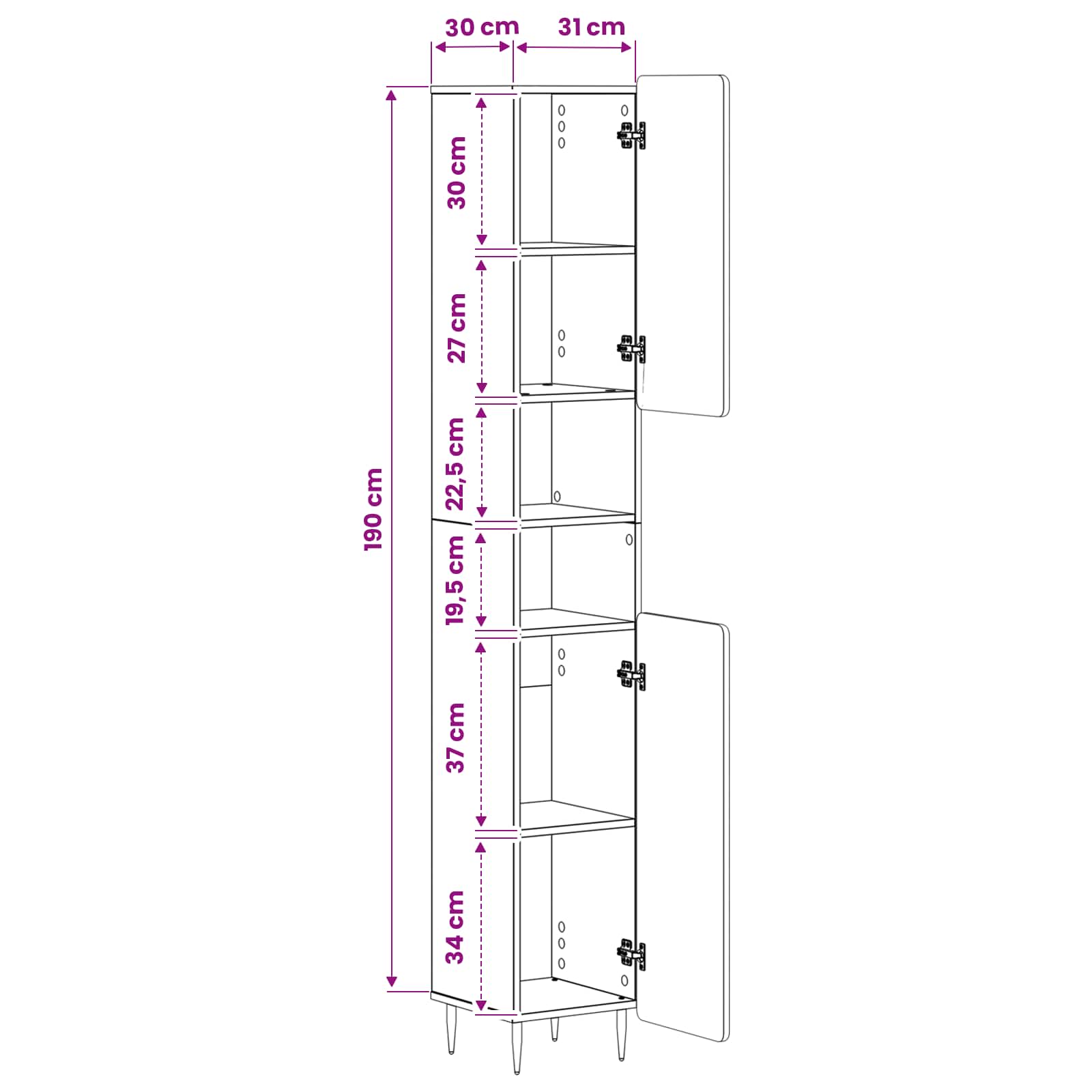 Bathroom Cabinet White Slimline 30 cm x 31 cm x 189.5 cm