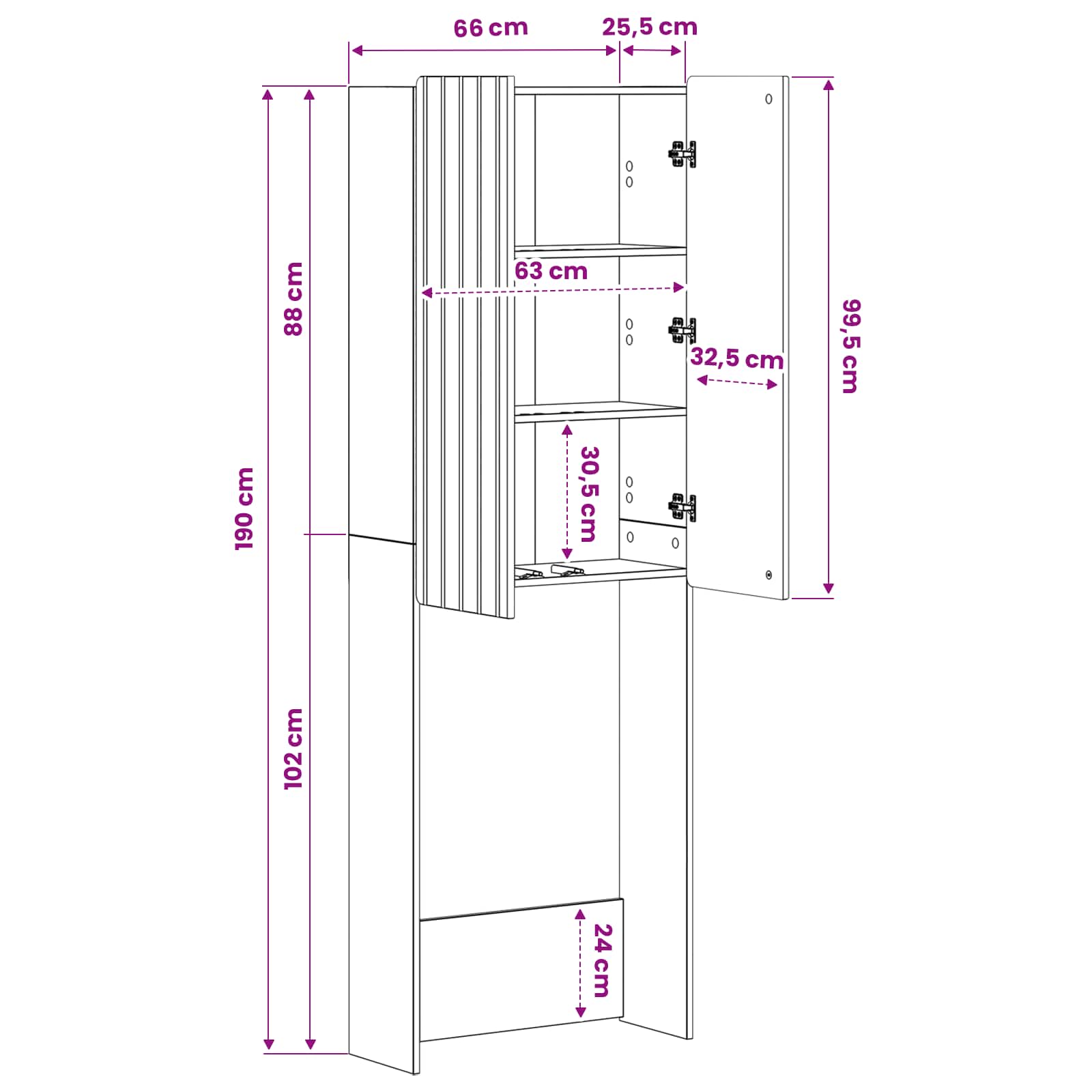 Bathroom Cabinet White Slim 66 cm x 25.5 cm x 190 cm