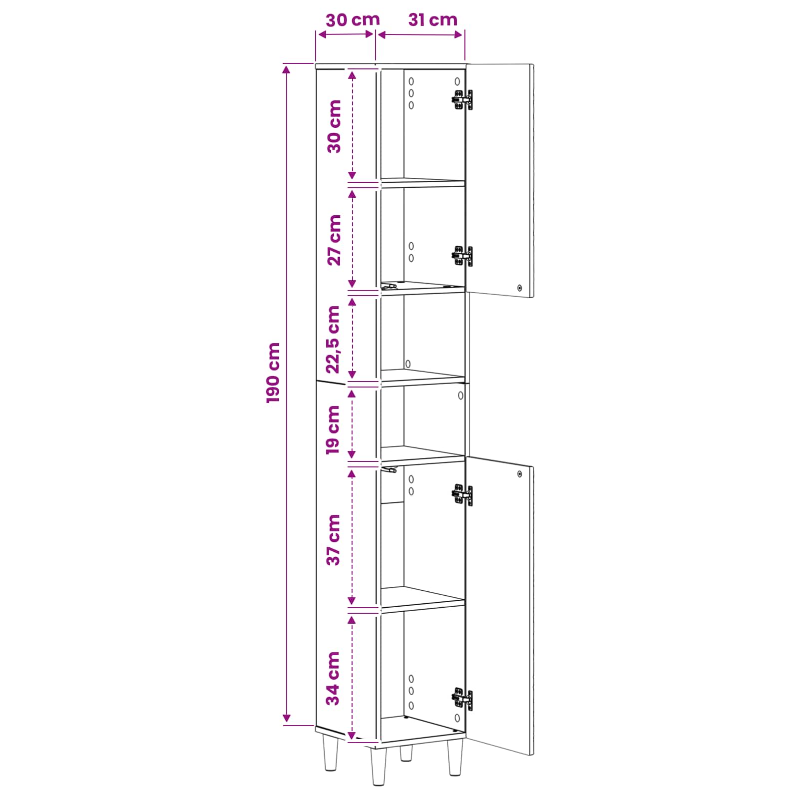 Bathroom Cabinet White Storage 30x31x190cm