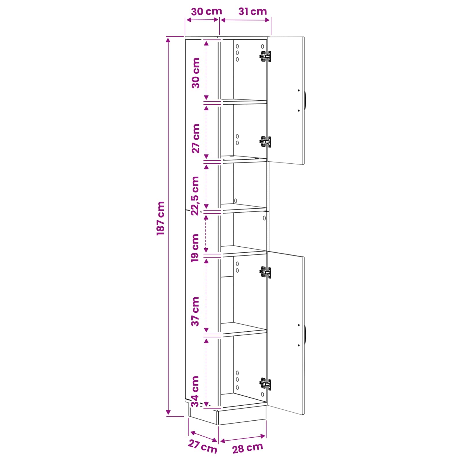Bathroom Cabinet White Slim 30x31x187cm