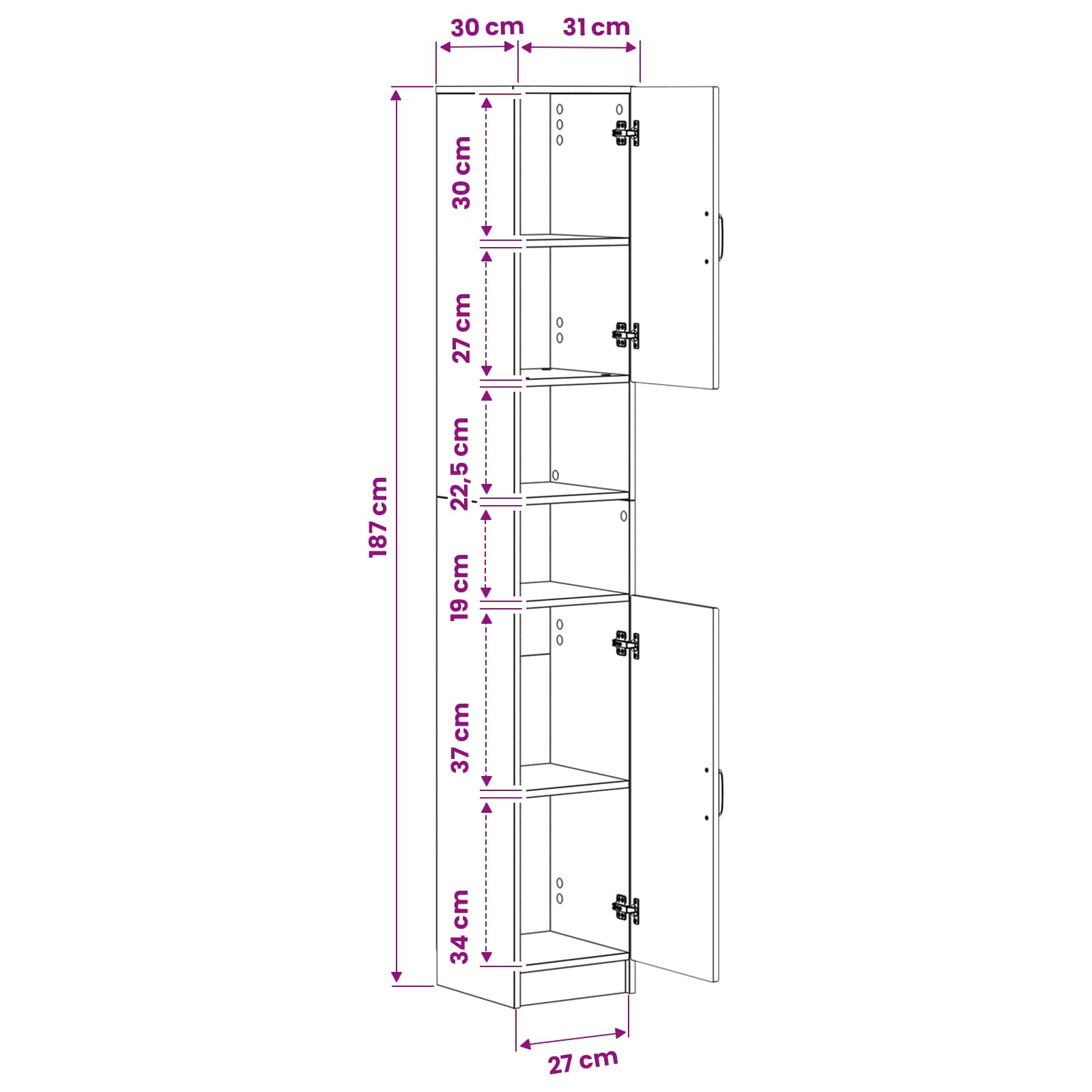 Bathroom Cabinet White Storage 30x31x187cm