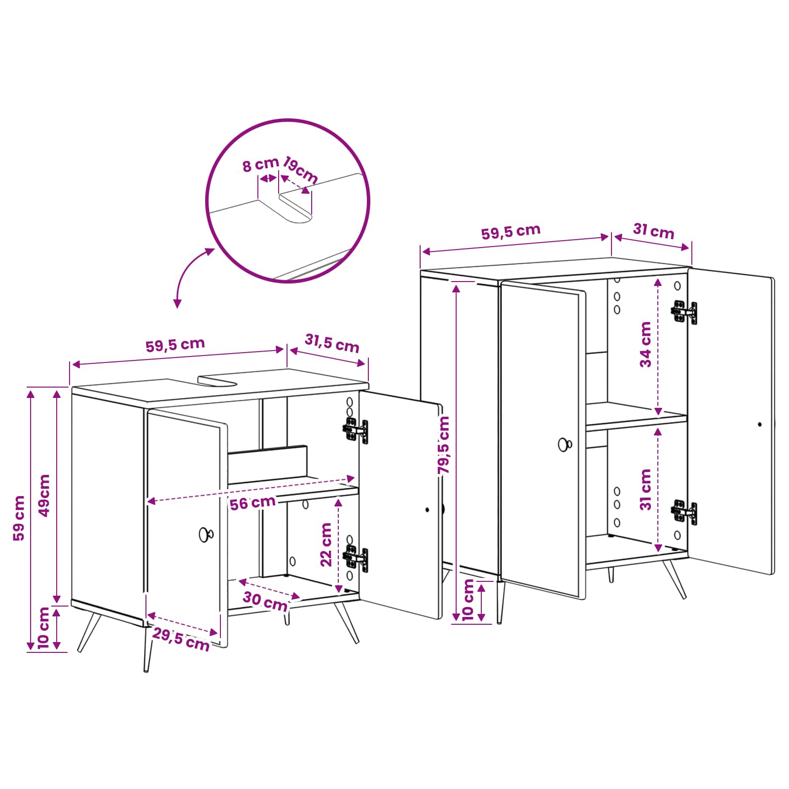 Bathroom Cabinet Set White Wood 59.5x31.5x59cm