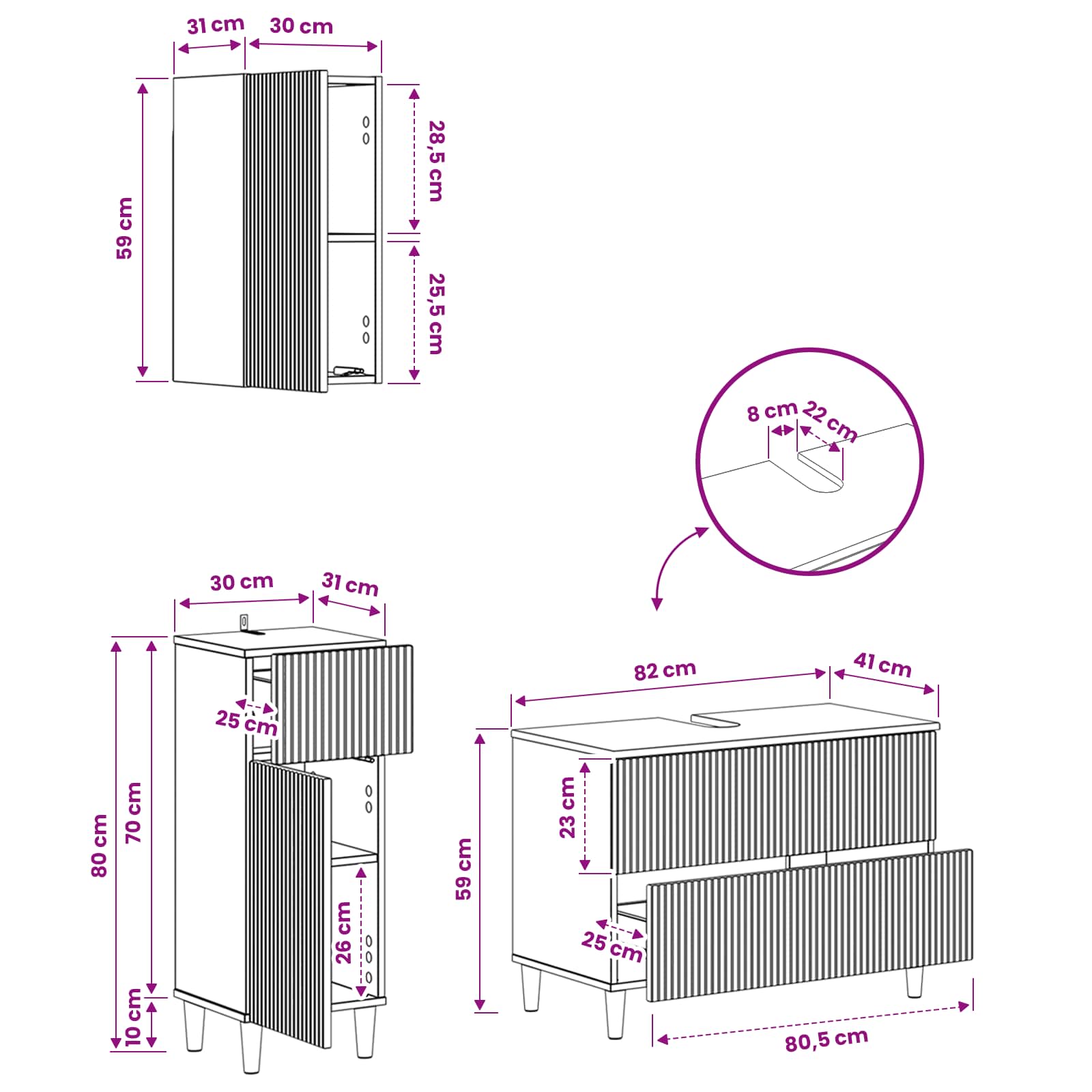 Bathroom Cabinet Set White Engineered Wood 30x31x80cm