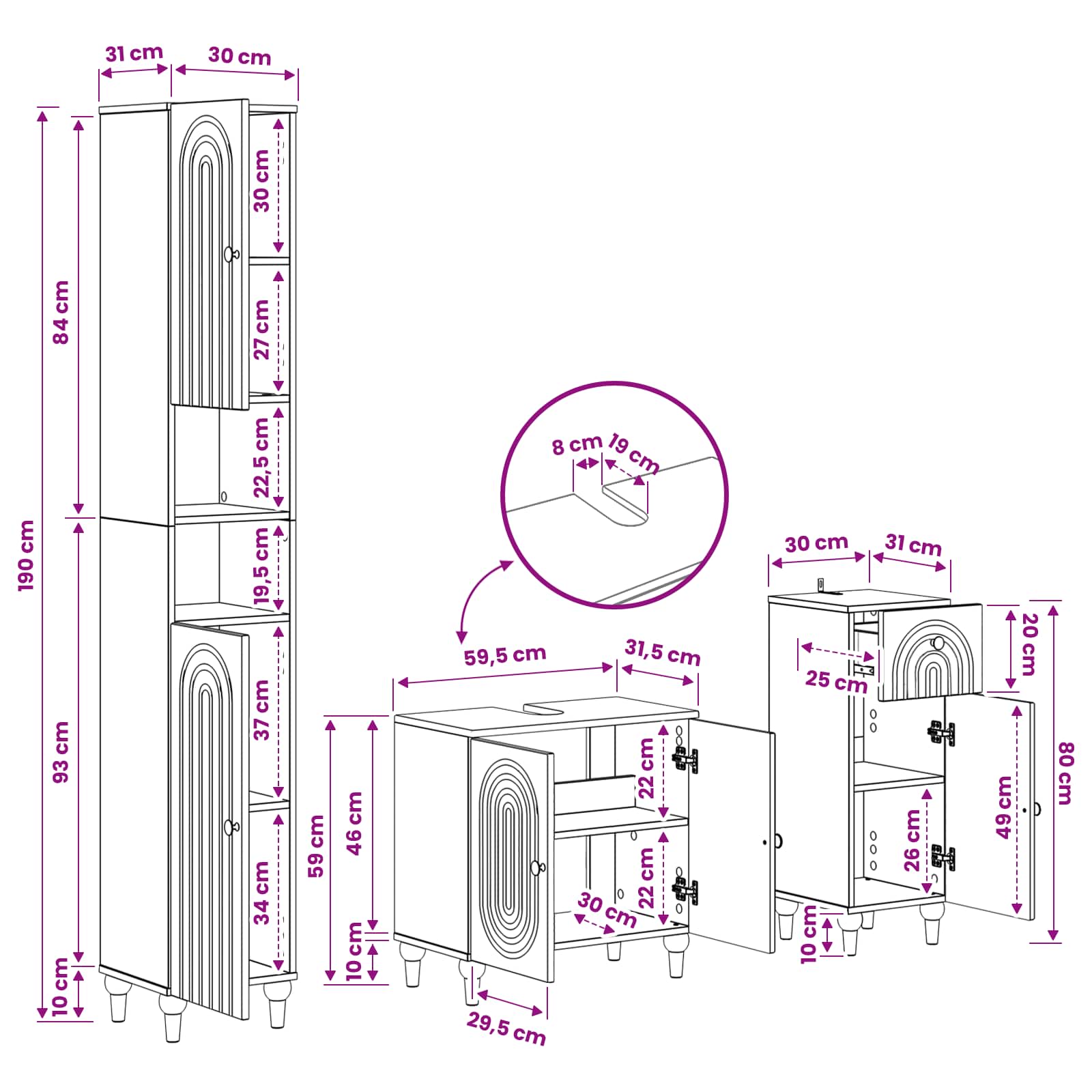 Bathroom Cabinet Engineered Wood Set 30x31x190cm