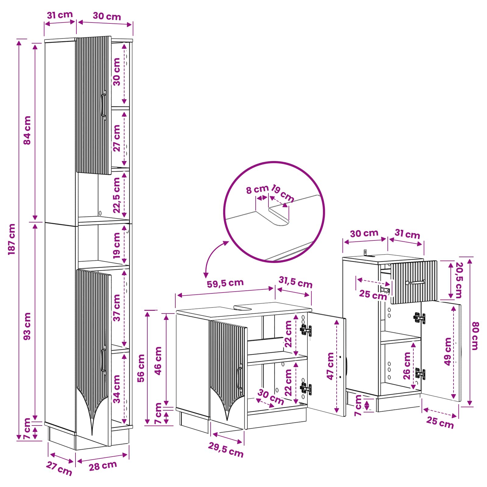 Bathroom Cabinet Set Engineered Wood Slim 30x31x190cm