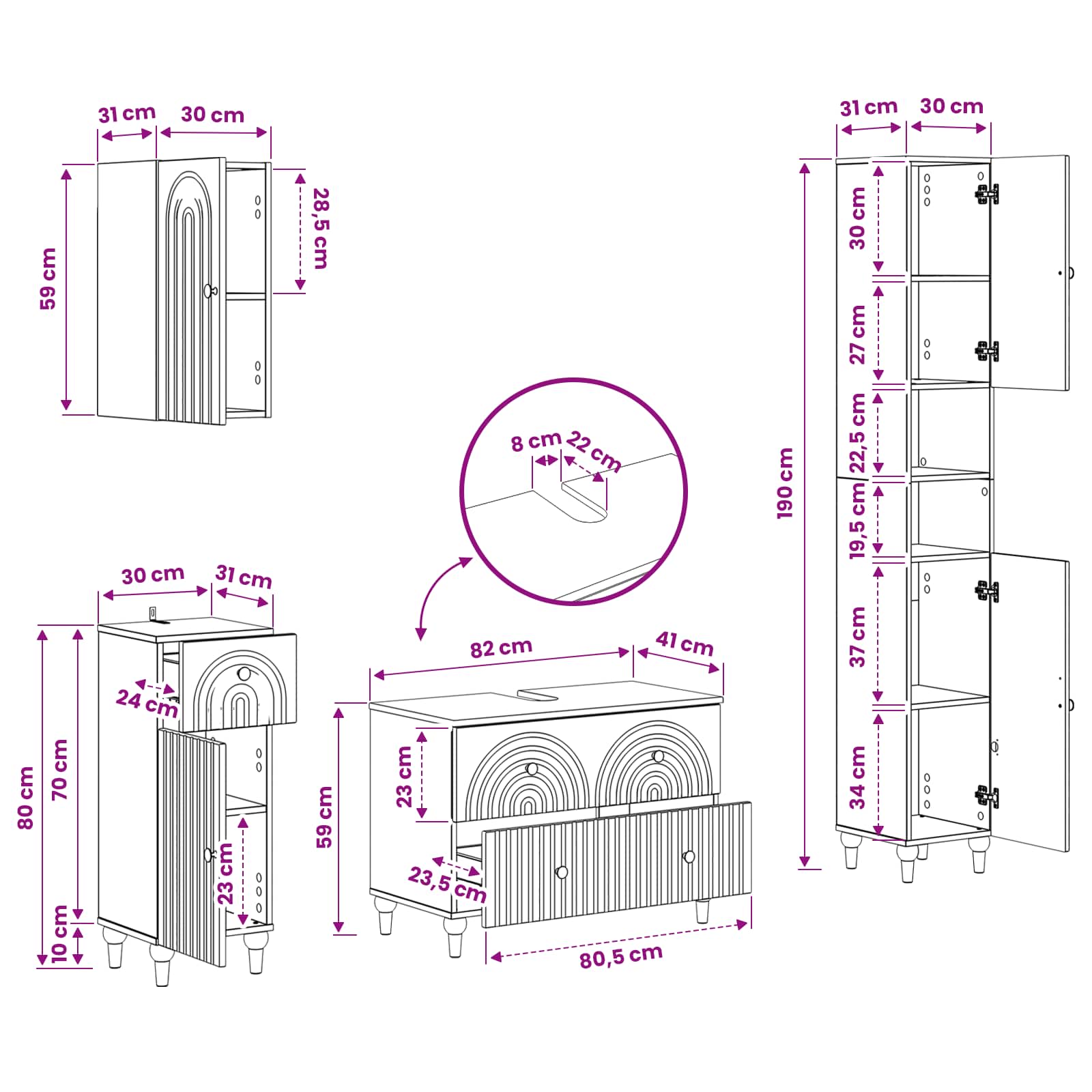 Bathroom Cabinet Set White Engineered 30x31x190cm
