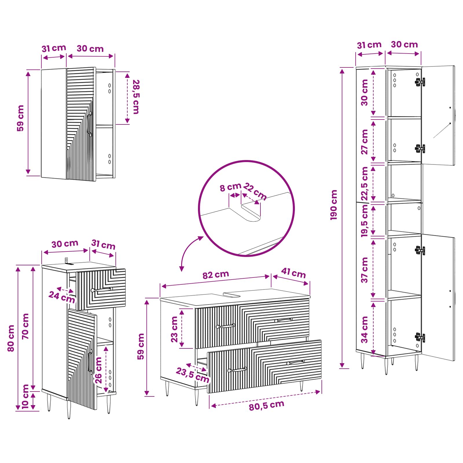 Bathroom Cabinet Set White Wood 30x31x190cm
