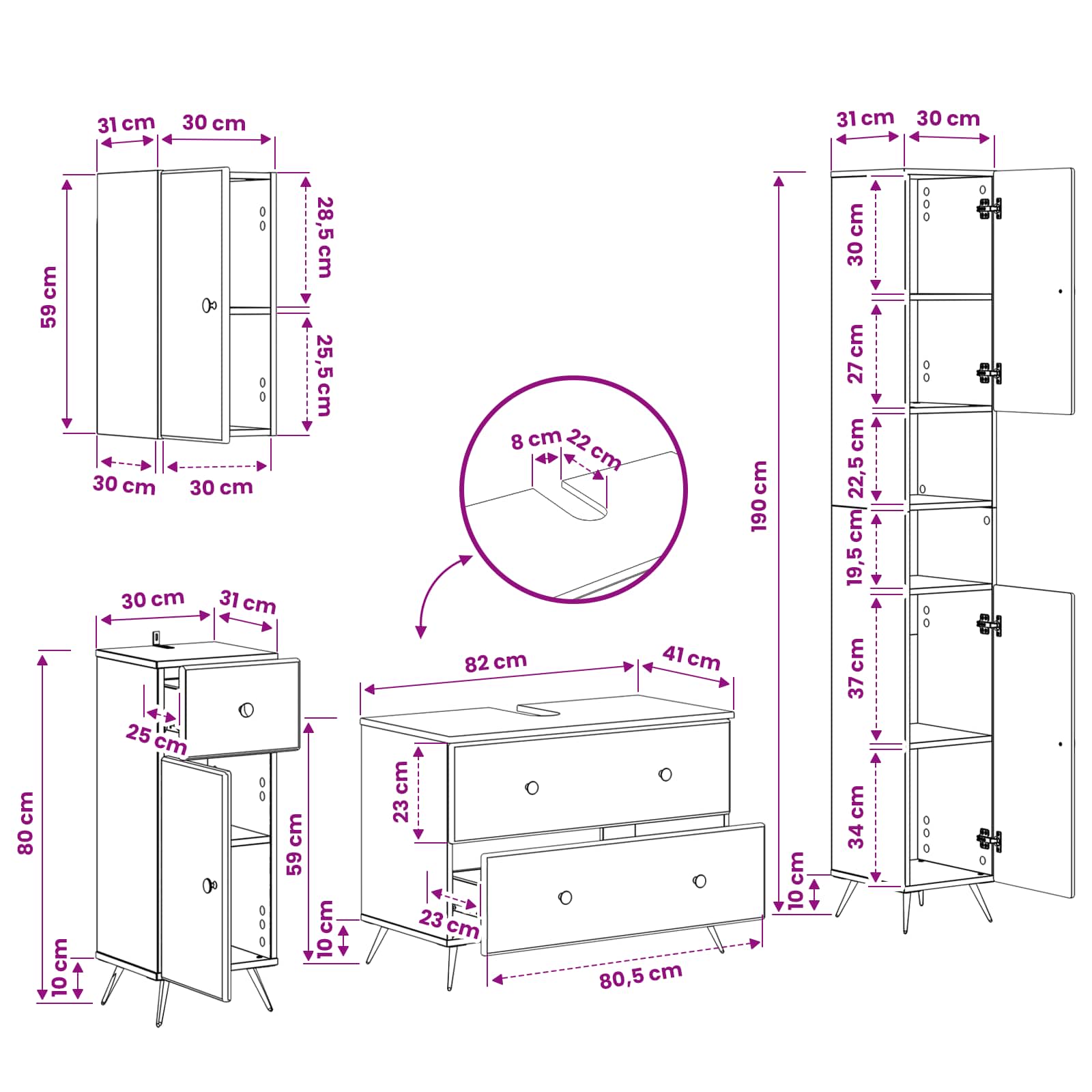 Bathroom Cabinet Set White Engineered Wood 30x31x190cm