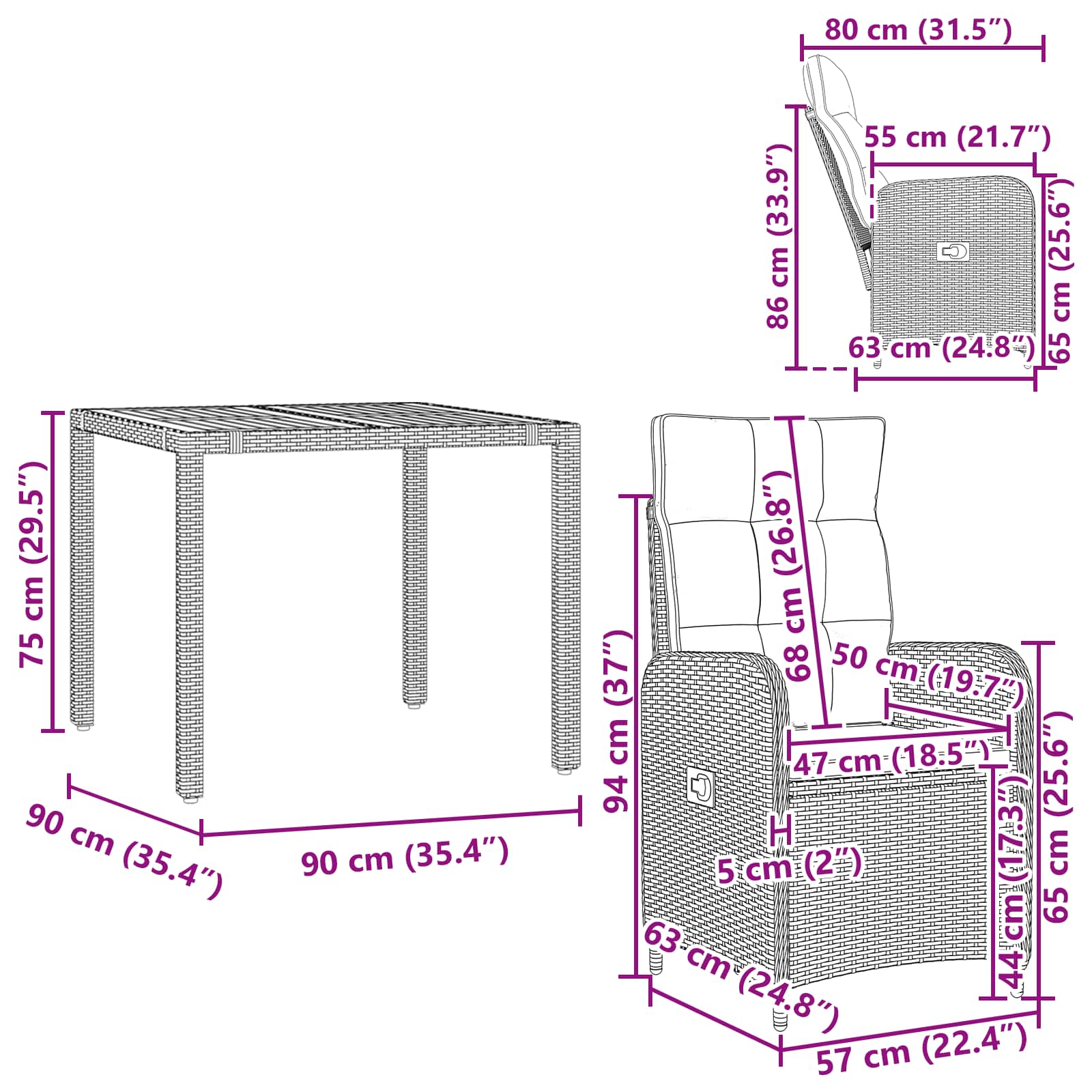 Outdoor Dining Set Grey 57x63x94cm