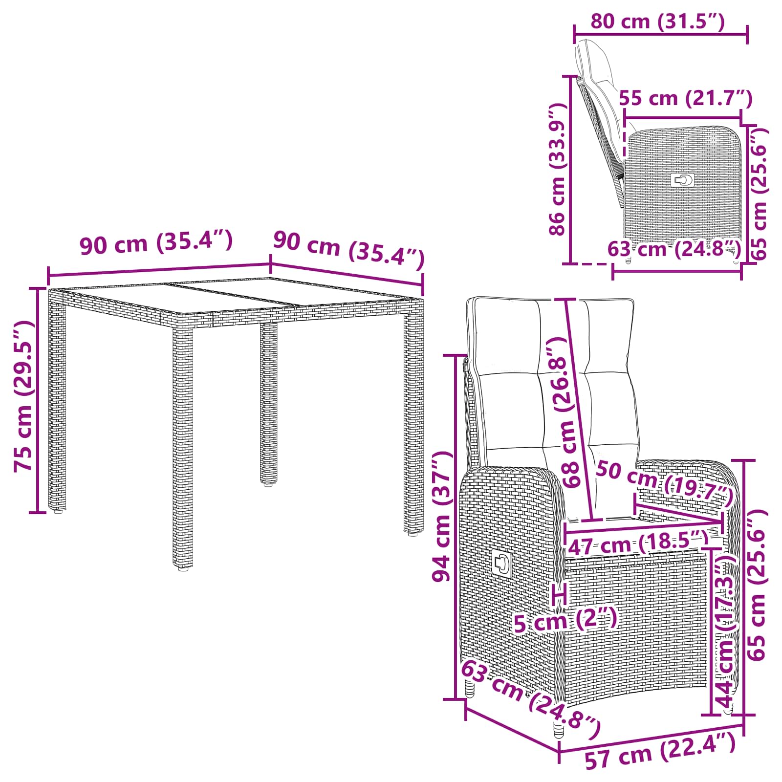 3 Piece Outdoor Dining Set Black Poly Rattan | Simpledeals