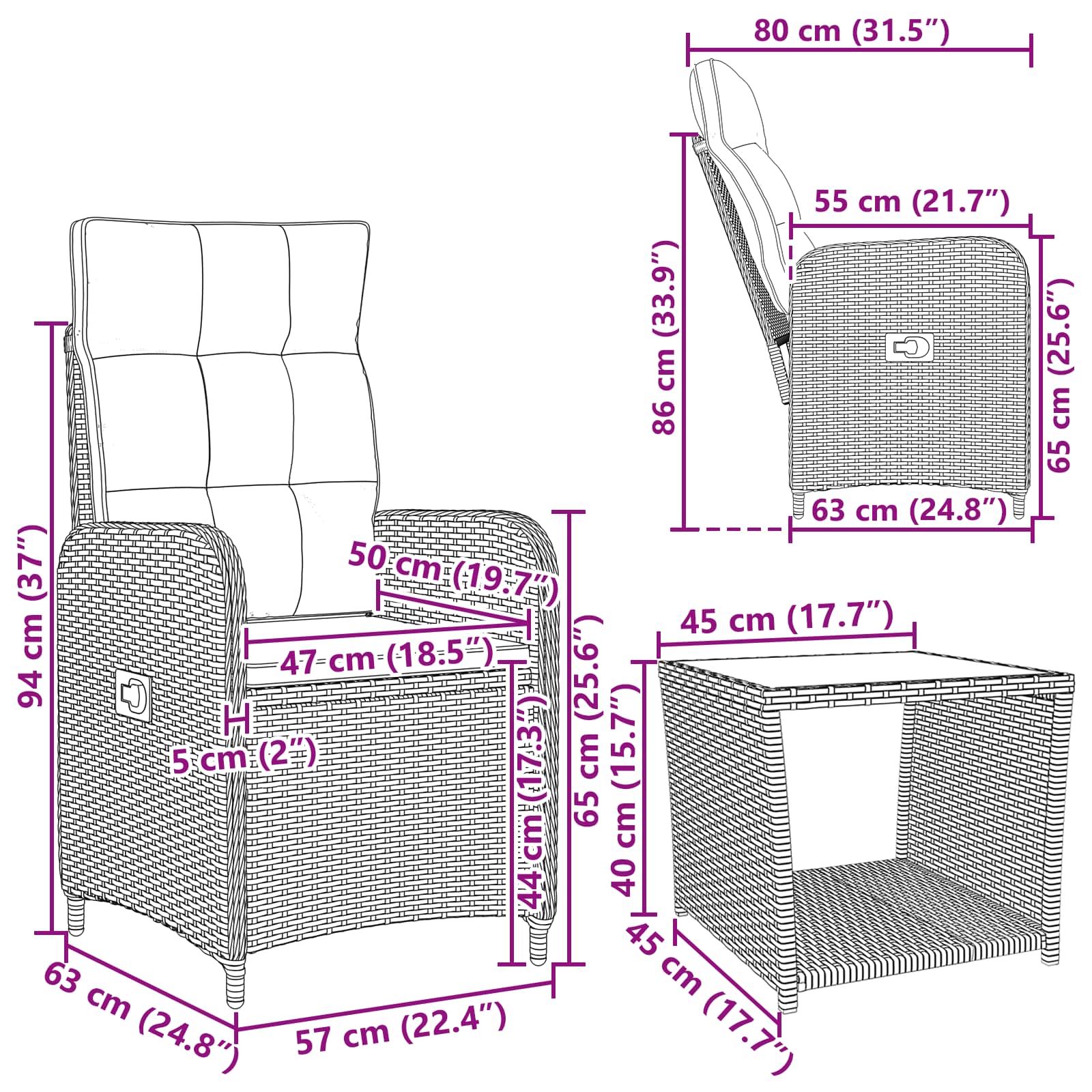 Garden Lounge Set Black Rattan 57x63x94cm