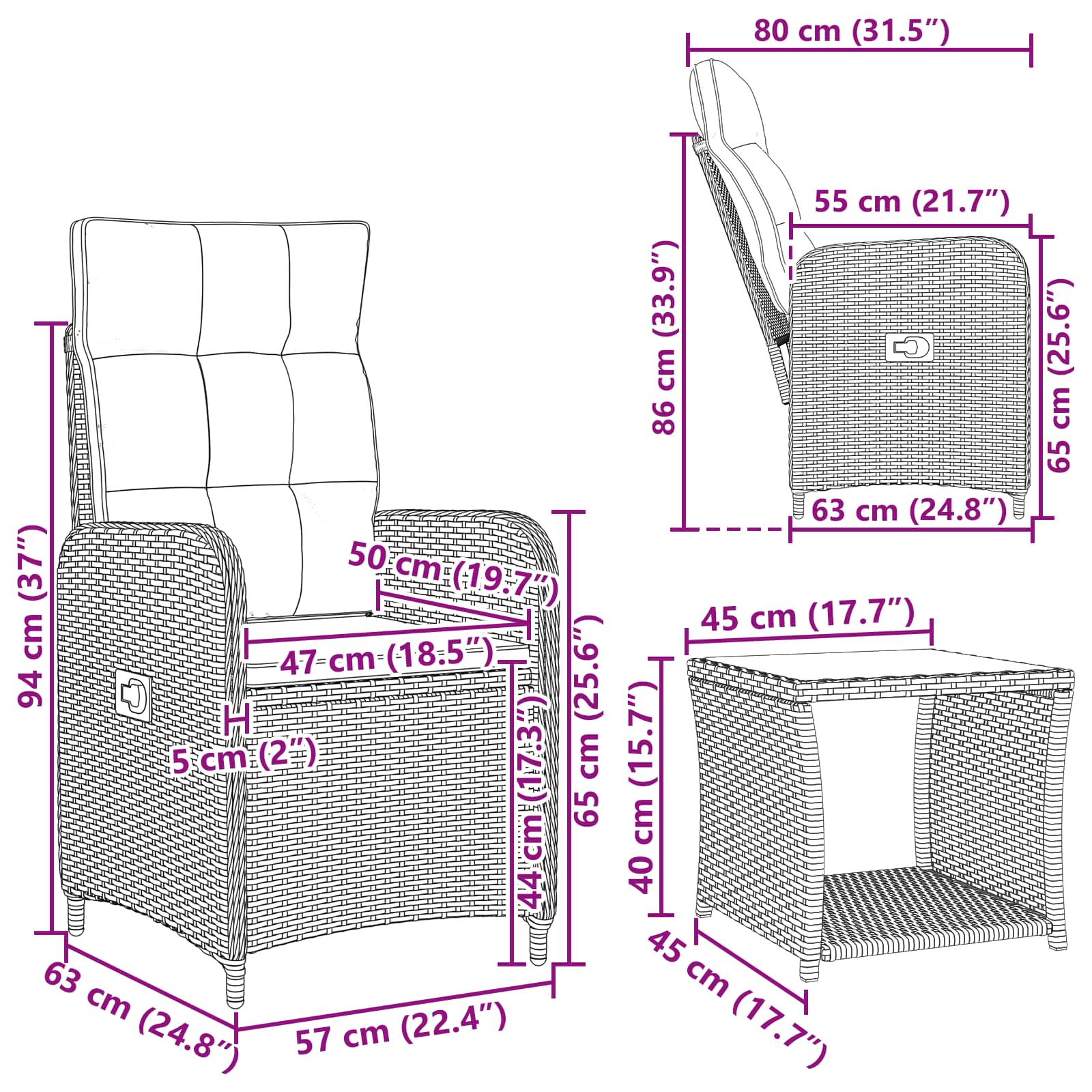 Grey Garden Lounge Set 2pc 57x63x94cm