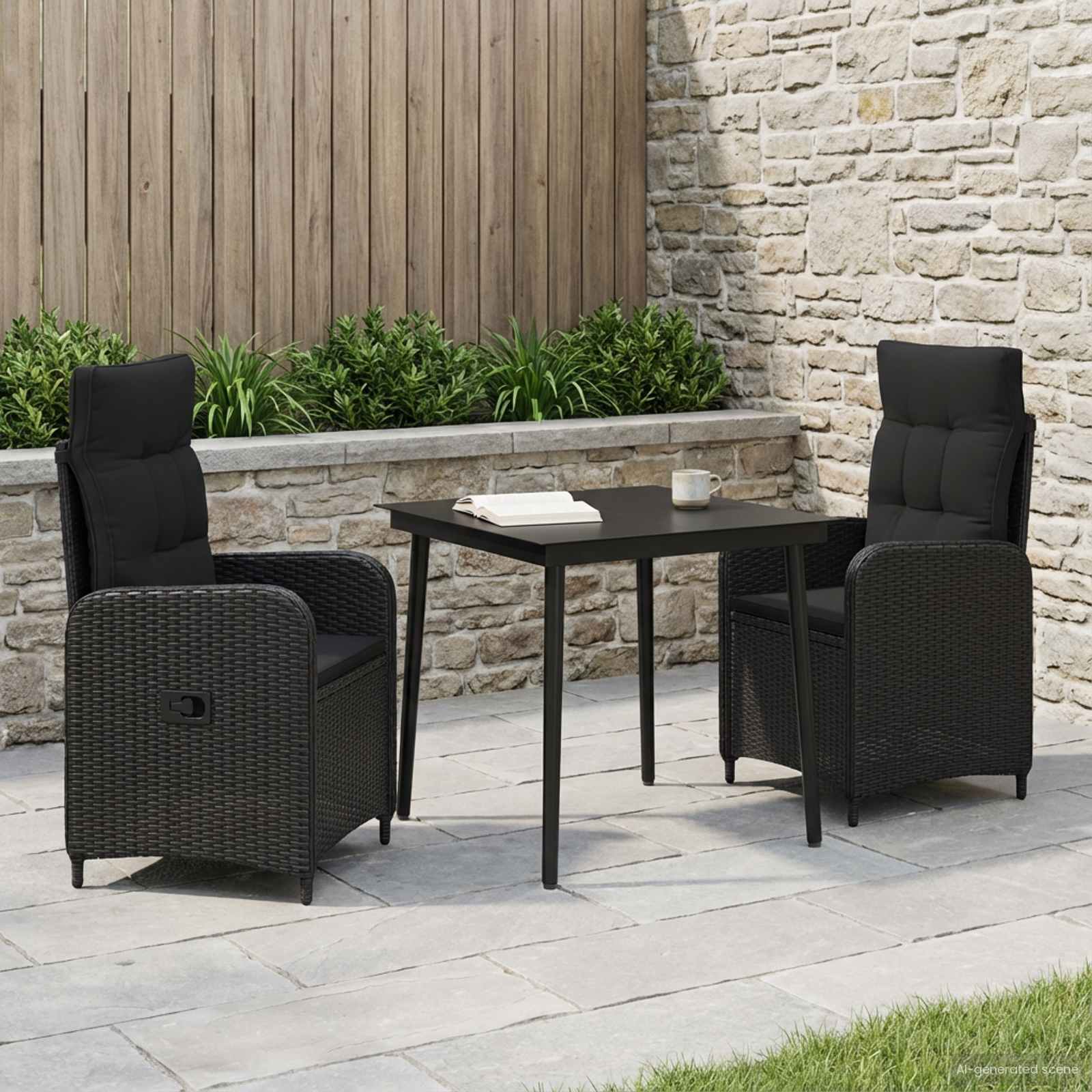 PE Rattan Sofa Table Set 3 Piece Black | Simpledeals
