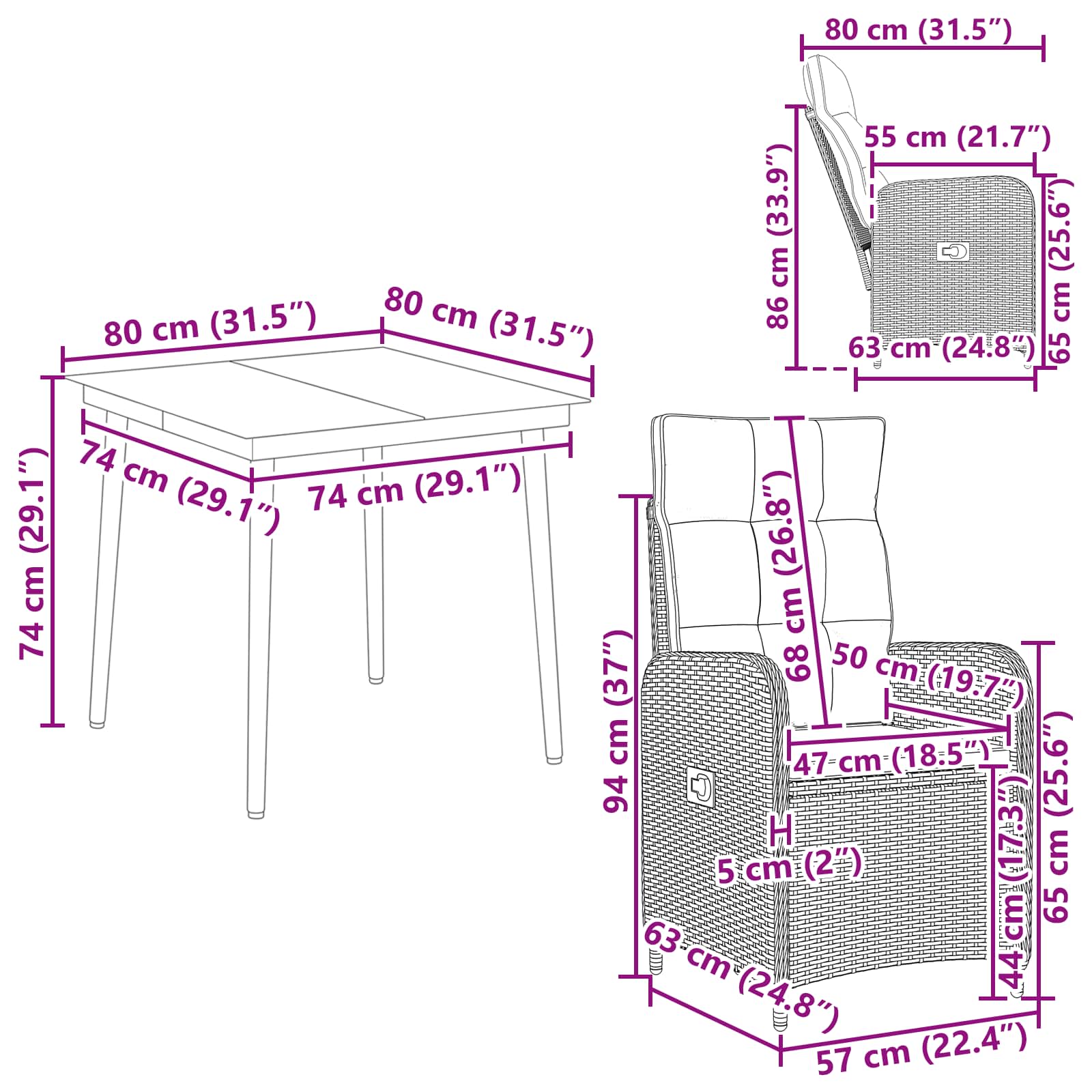 PE Rattan Sofa Table Set 3 Piece Black | Simpledeals