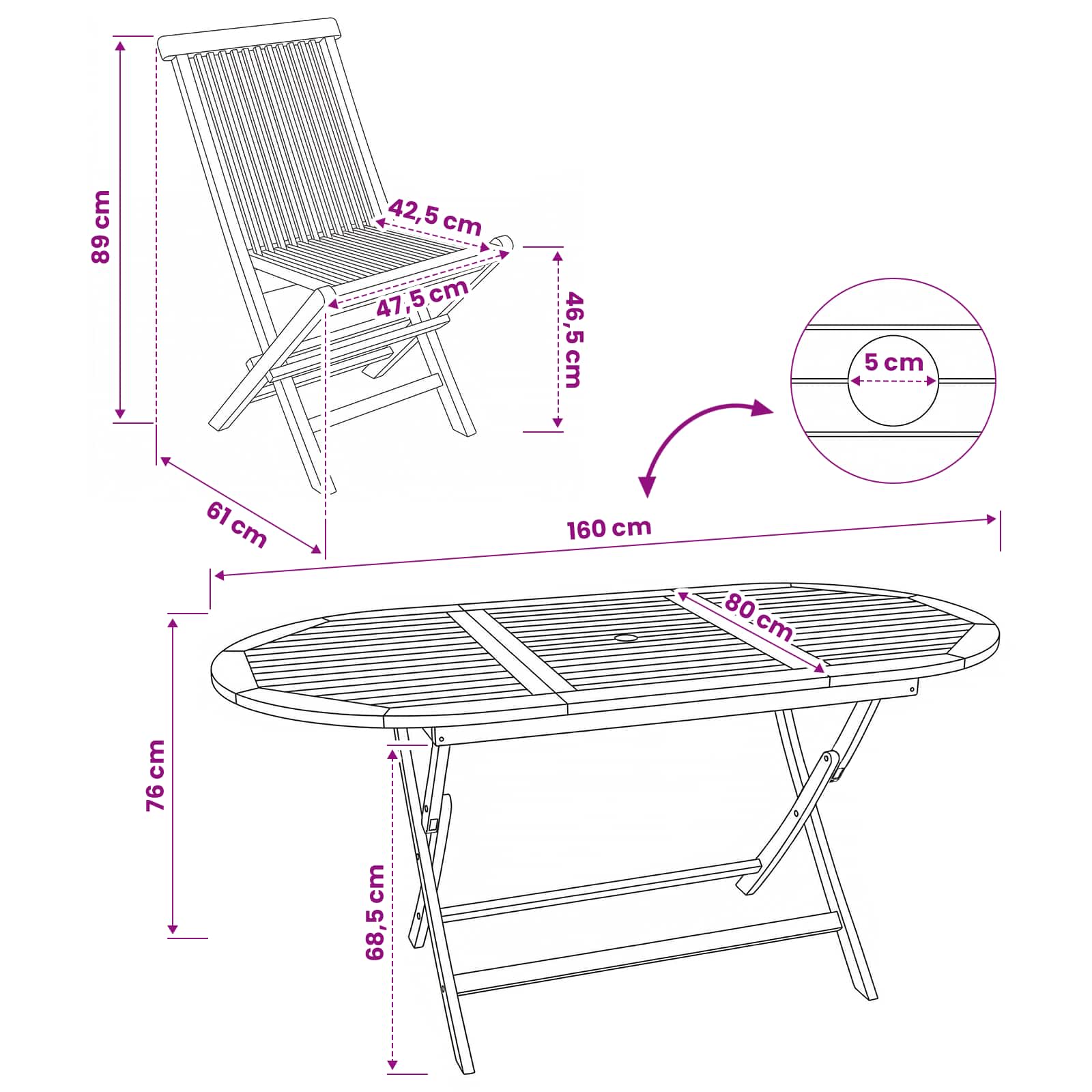 Teak Garden Furniture Set Natural 160x80x76cm