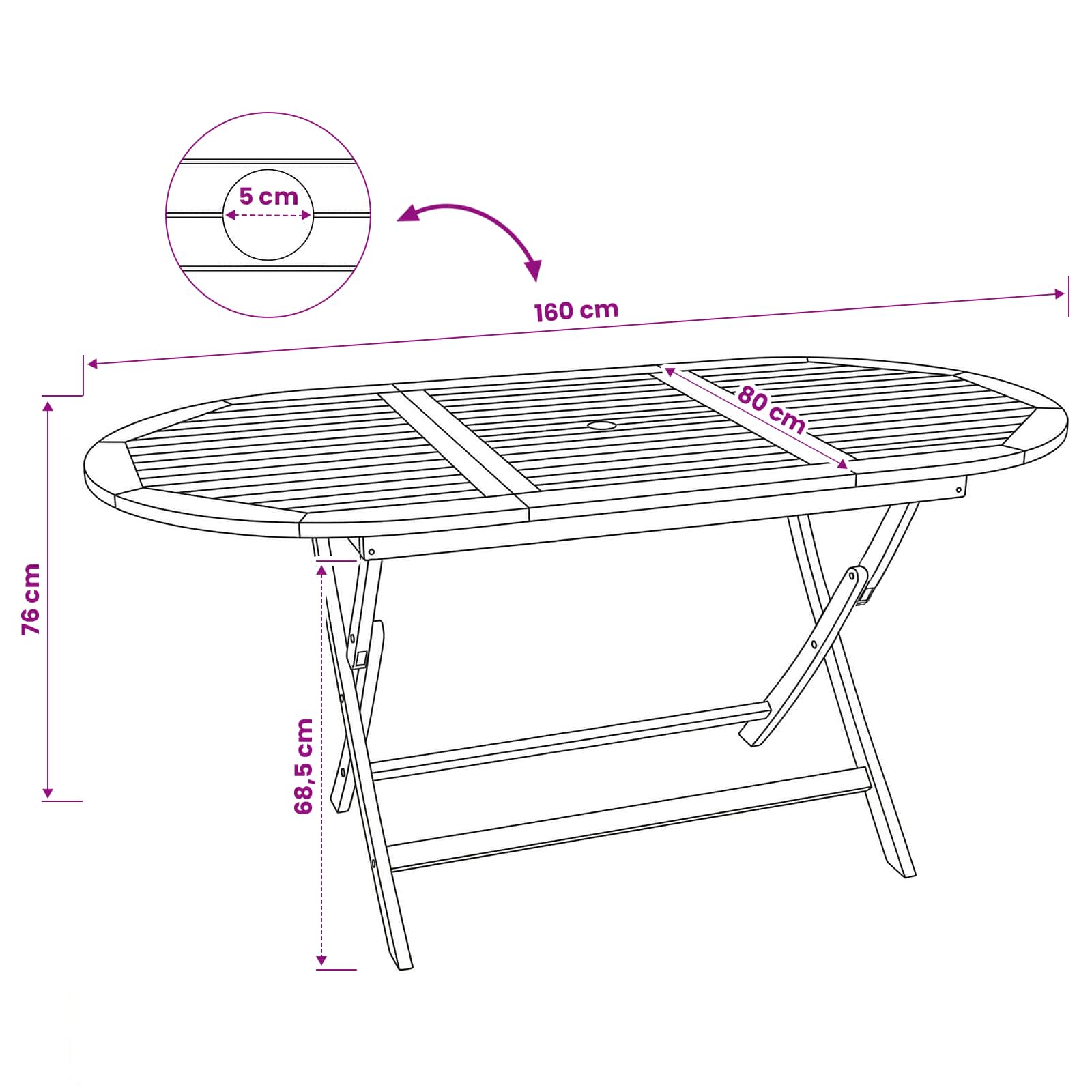 Folding Garden Table Natural Wood 160x80x76cm