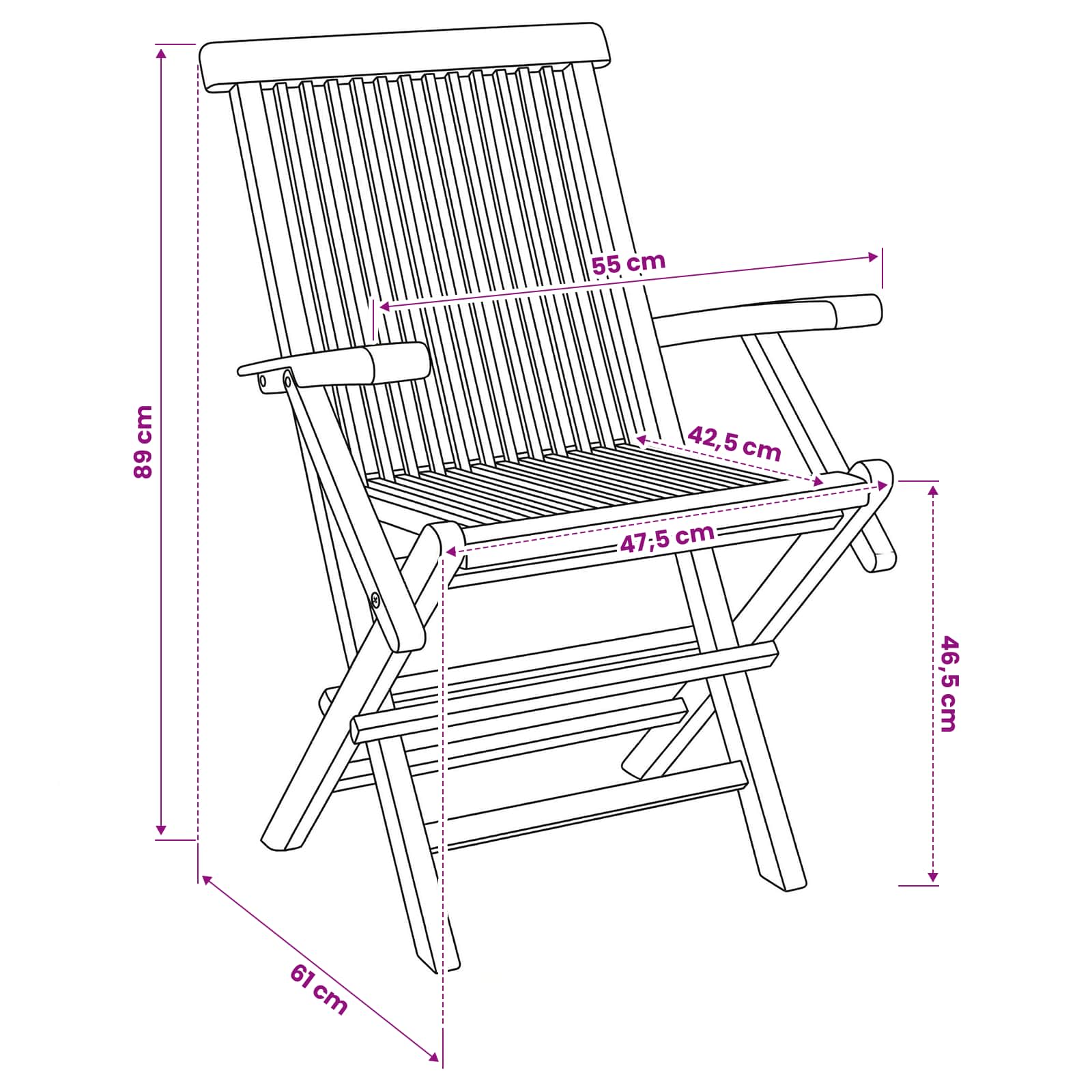 Natural Teak Folding Chair Set 55x61x89cm