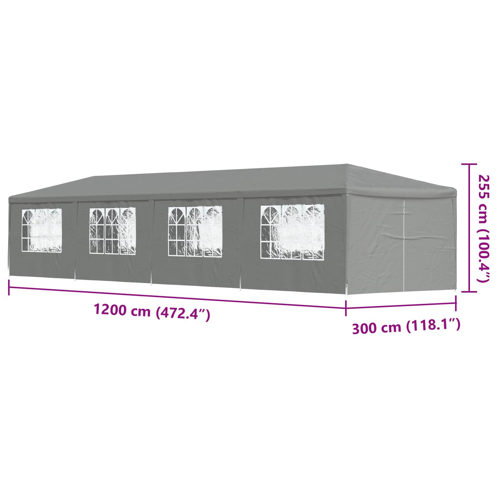 Party Tent 12x3m Light Grey PE Steel | Simpledeals