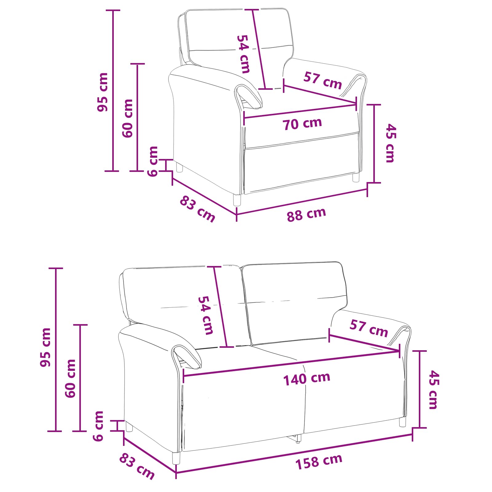 Grey Fabric Sofa Set 158x83x95cm