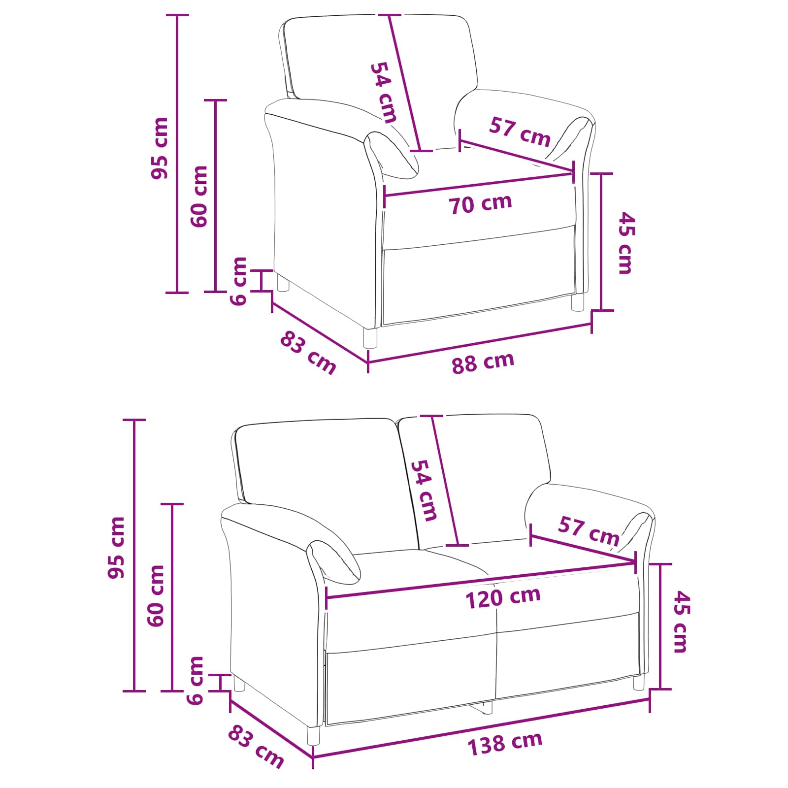 Black Velvet Sofa Set 138x83x95cm