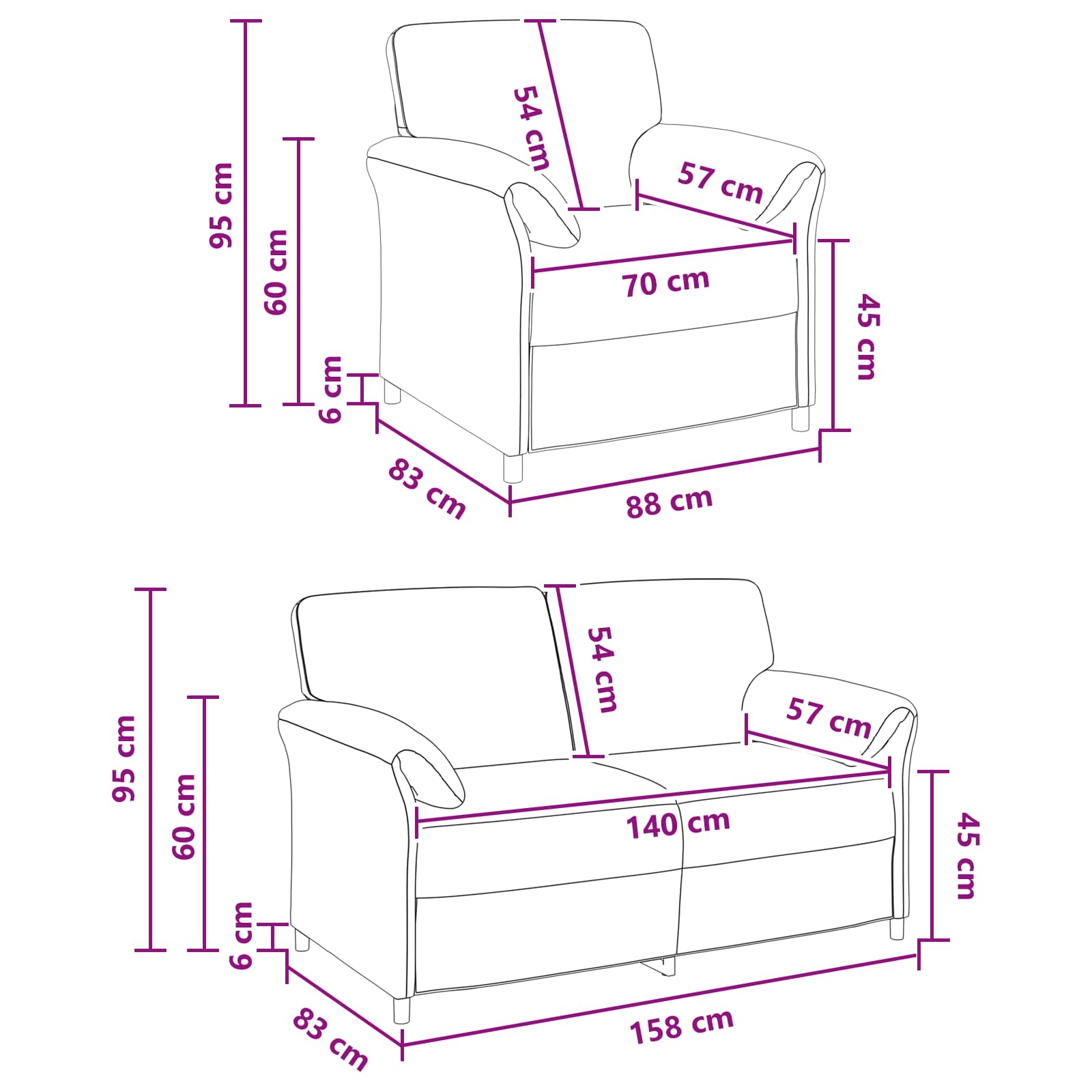 Black Velvet Sofa Set 158x83x95cm