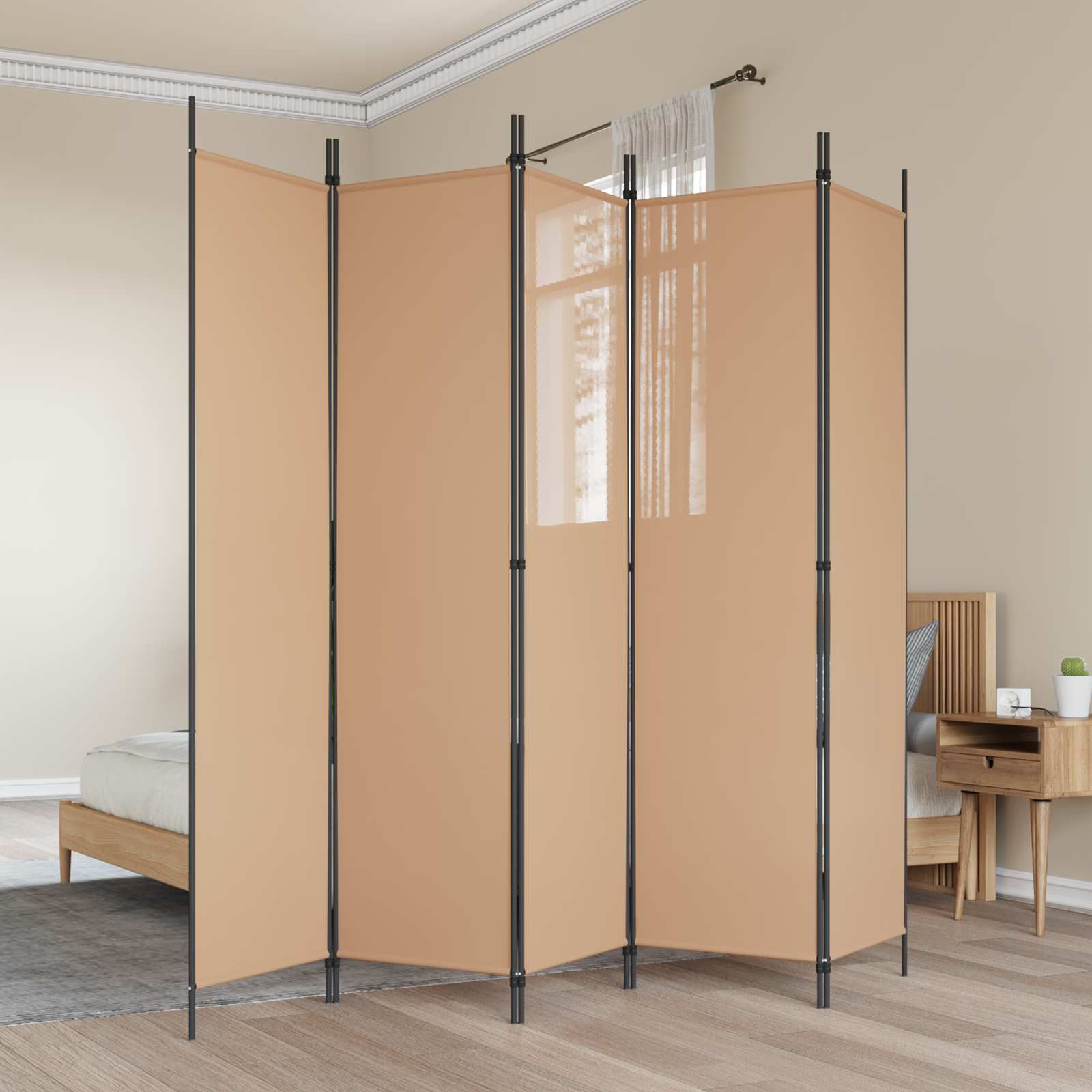 5-Panel Room Divider Beige Fabric 250x200cm | Simpledeals