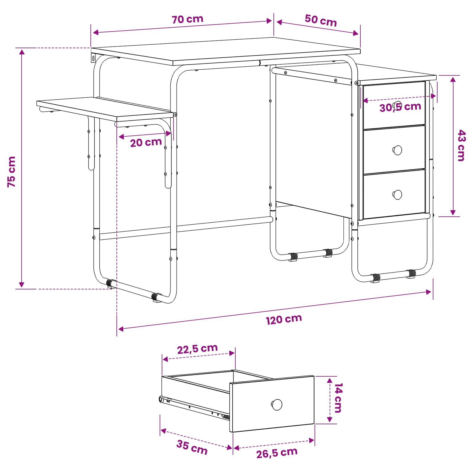Oak Desk With Storage 120x50x75cm