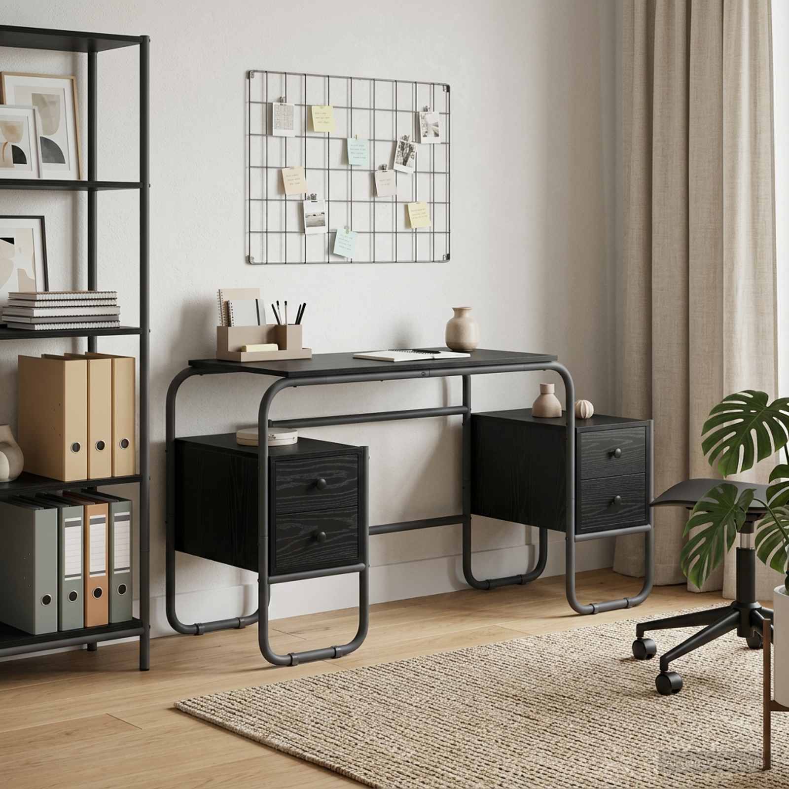Office Desk Black Storage 145x50x75cm