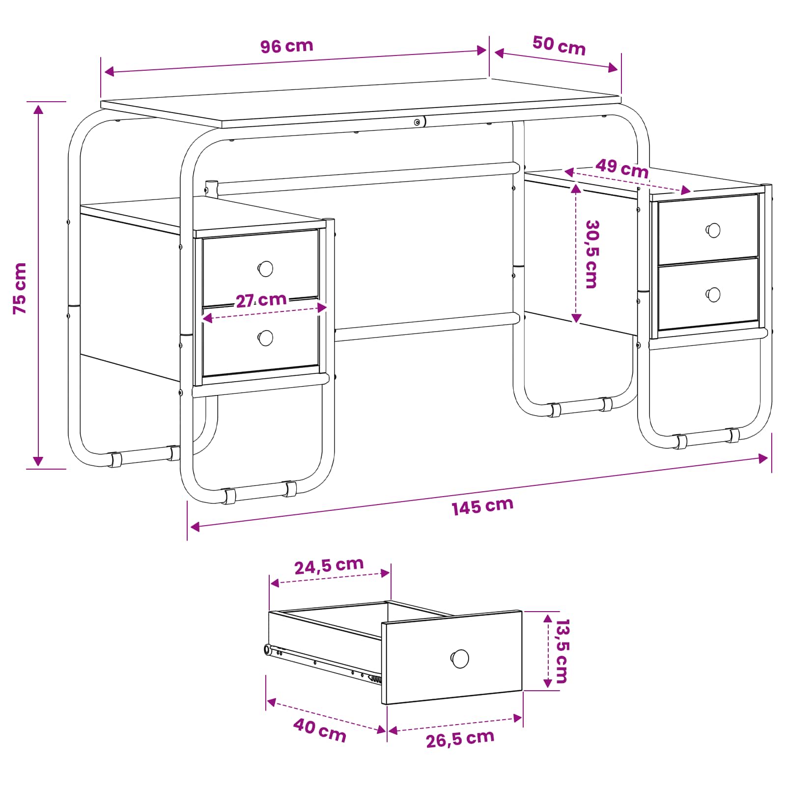 Office Desk Black Storage 145x50x75cm