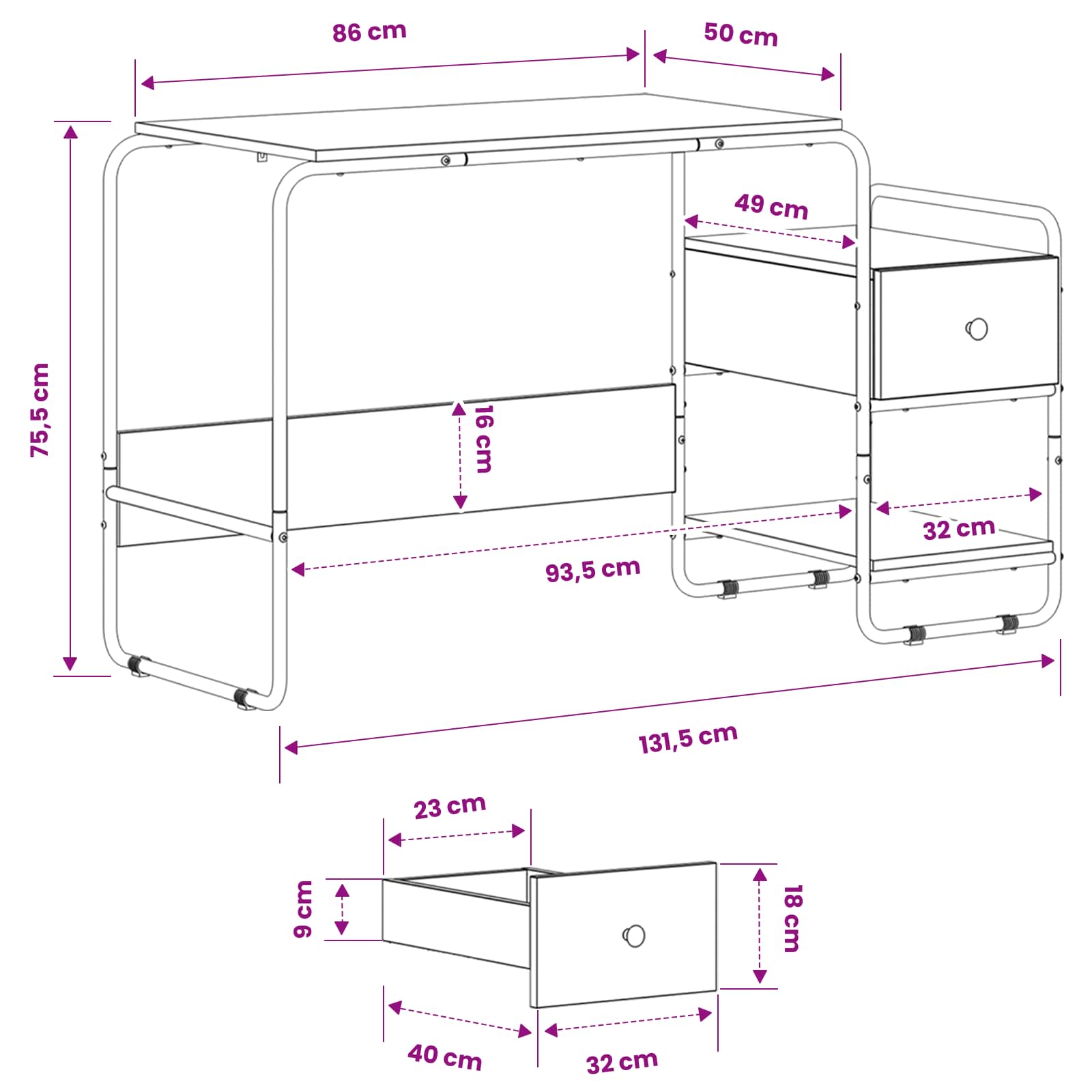 Office Desk Storage Black 131.5x50x75.5cm