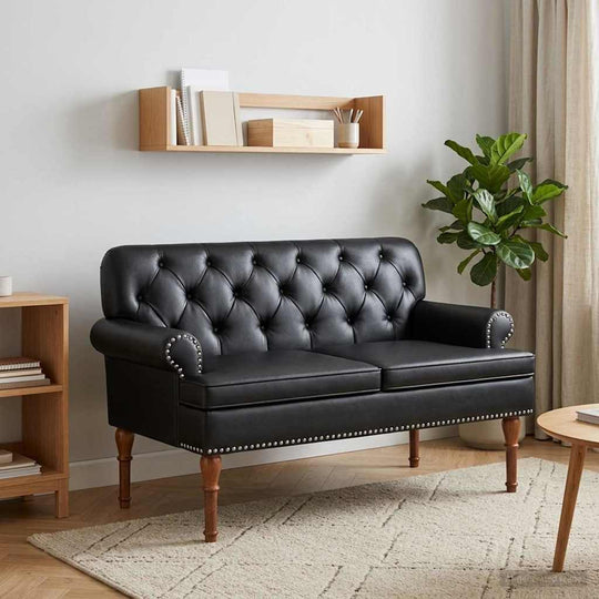 Black Faux Leather Loveseat Button Tufted | Simpledeals