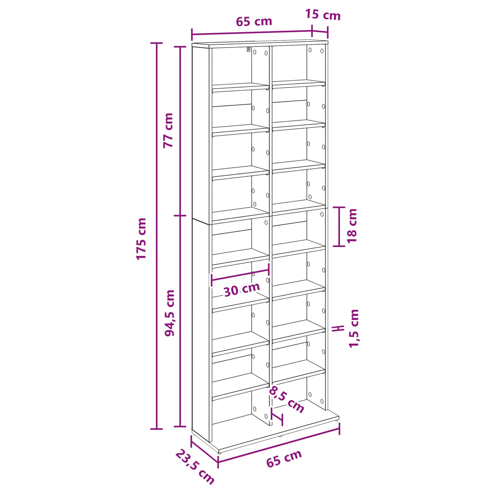 Media Cabinet White Storage 65 cm x 23.5 cm x 175 cm