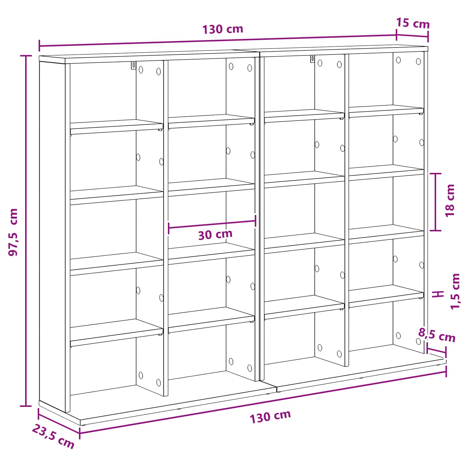 Media Cabinet White Storage 65 cm x 23.5 cm x 97.5 cm