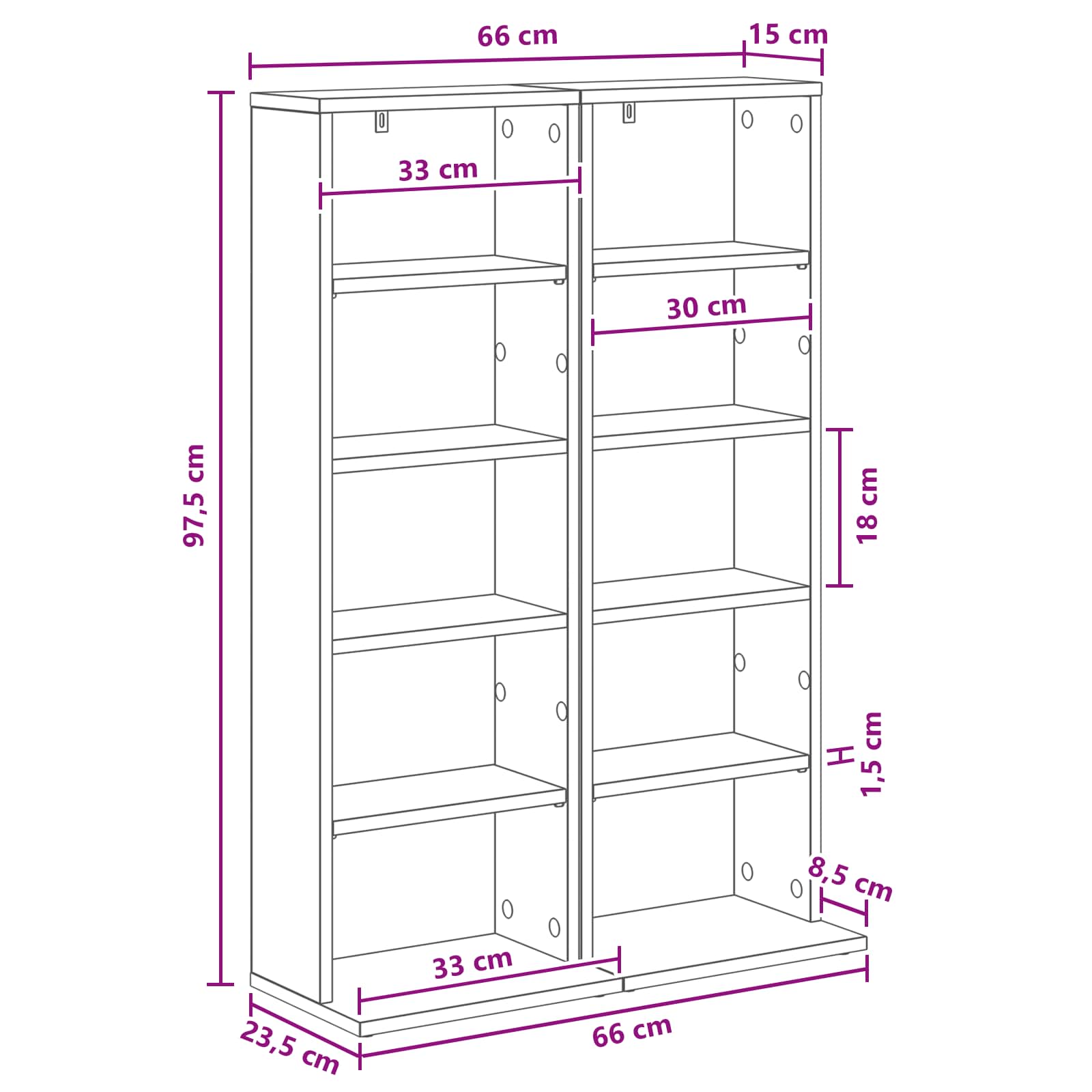 Media Cabinet White Storage 33 cm x 23.5 cm x 97.5 cm