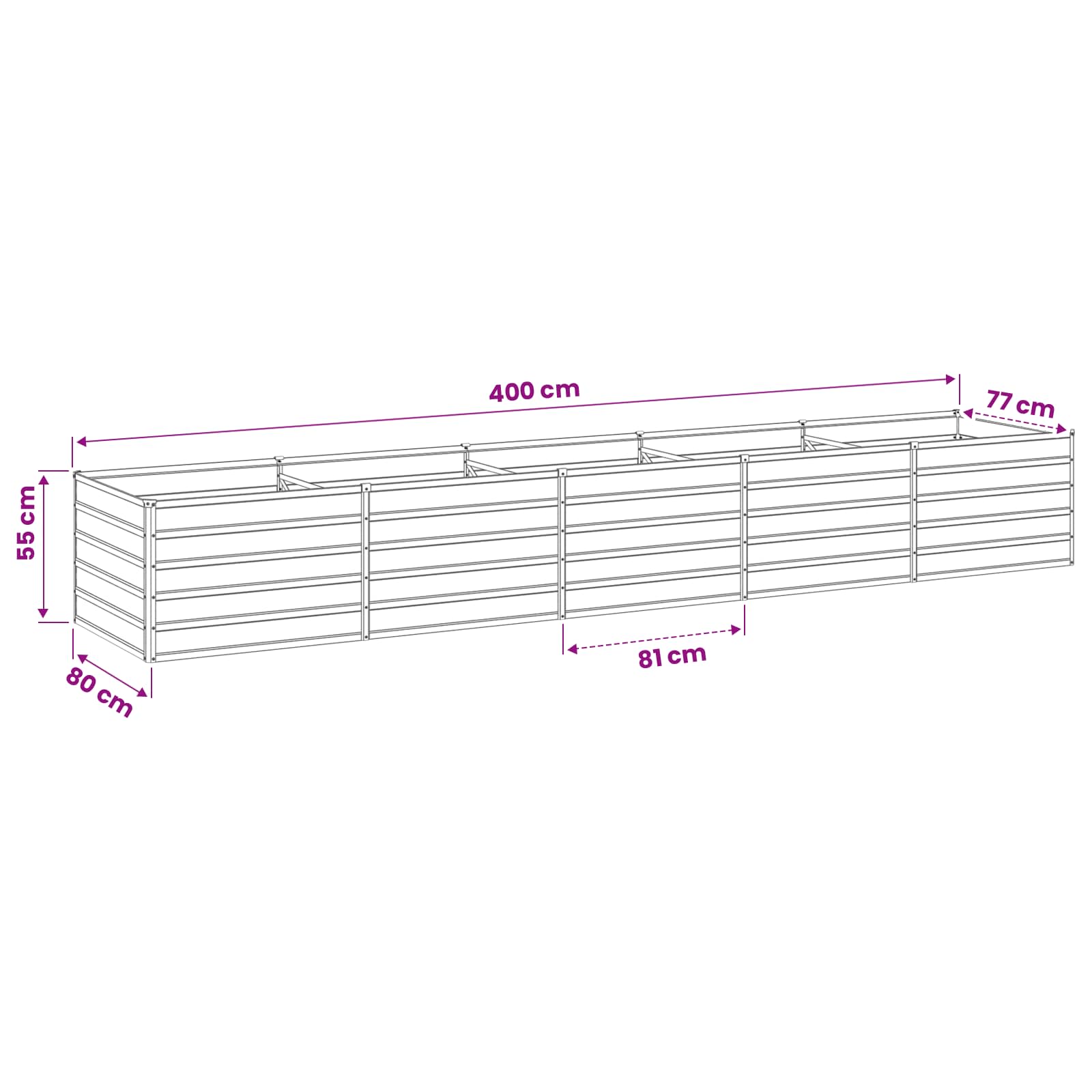 Grey Steel Raised Garden Bed 400x80x55cm