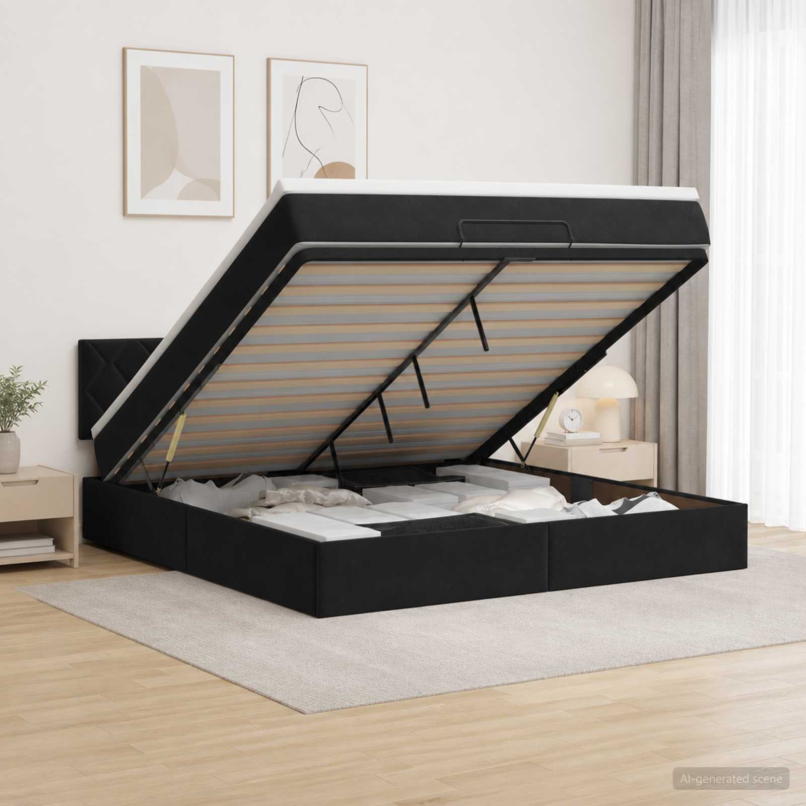 Ottoman Bed Black Velvet 193 cm x 144 cm x 88 cm